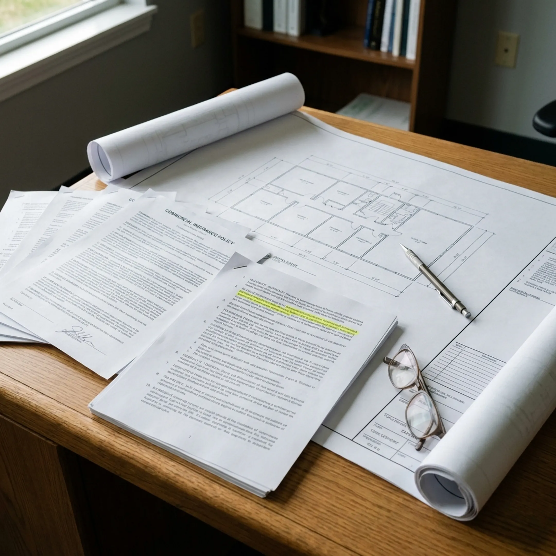 Commercial insurance review documentation and blueprint plans for a contracting firm.