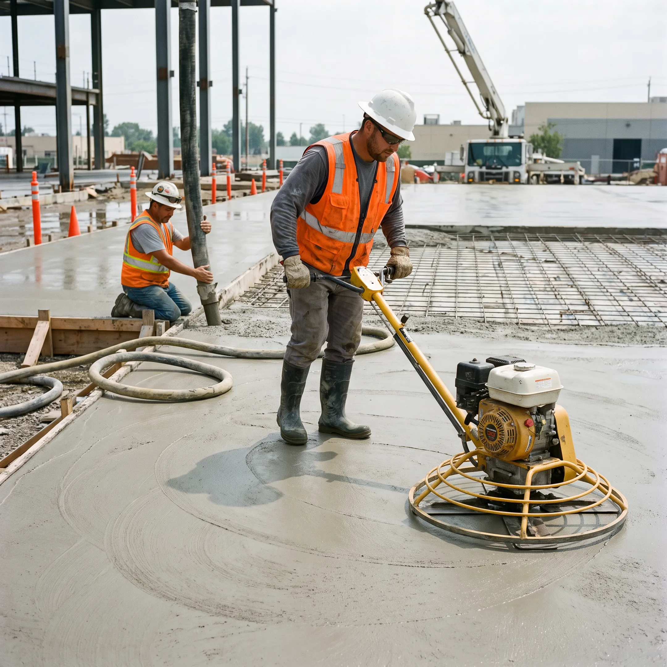 Commercial concrete contractor crew pouring and finishing concrete on an active construction jobsite.