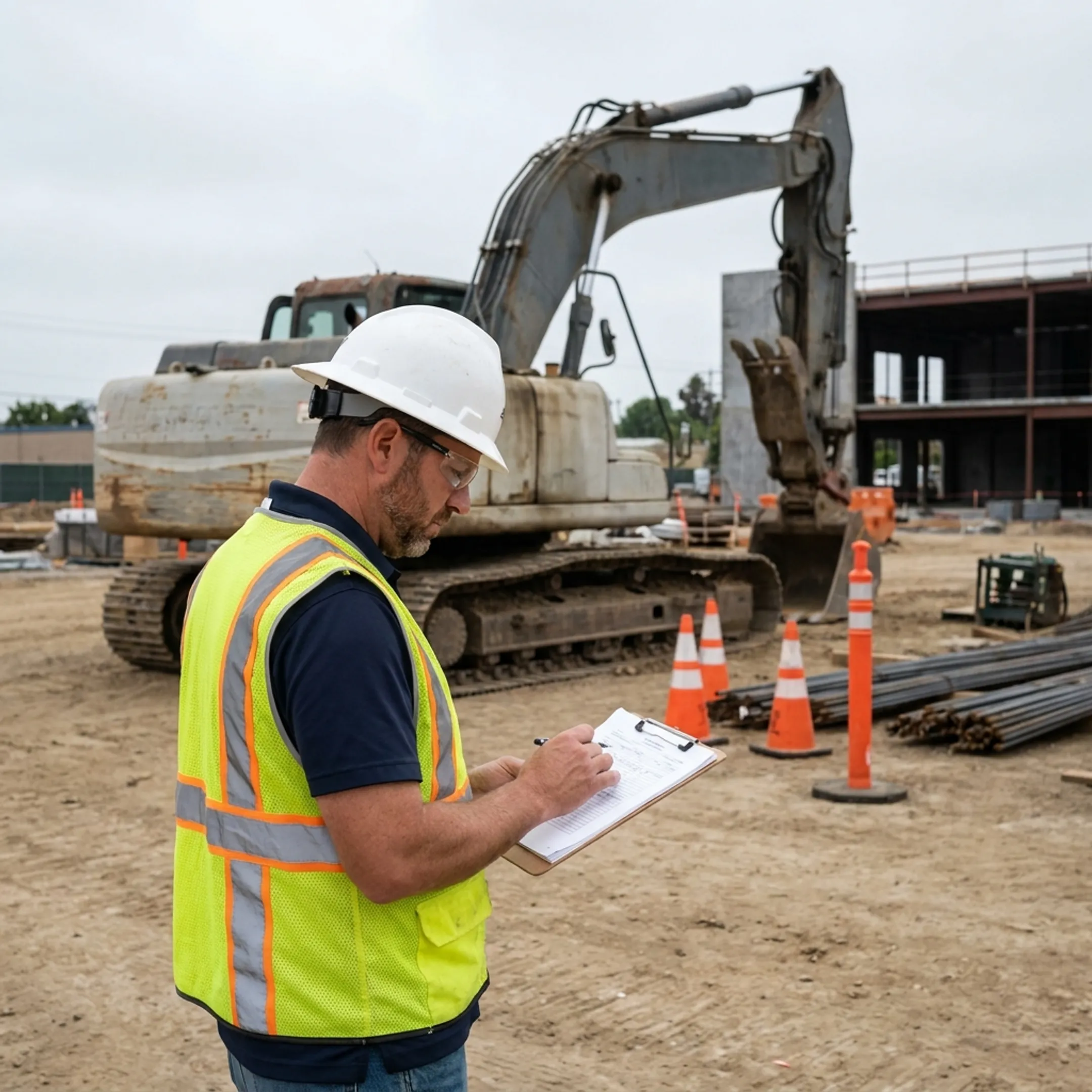 Excavation contractor reviewing project insurance certificates beside heavy machinery.