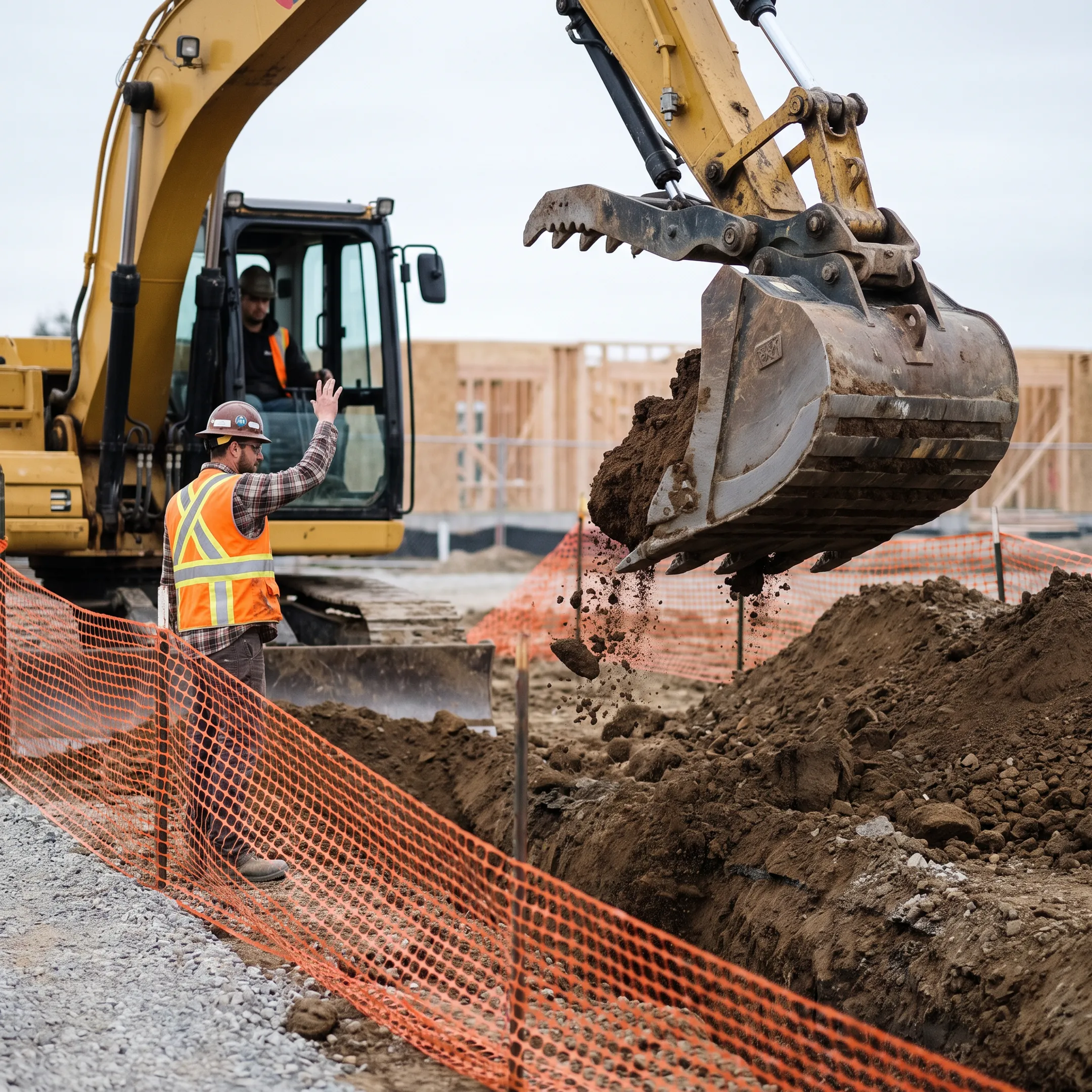 Heavy hydraulic excavator operating on a commercial construction trenching jobsite.