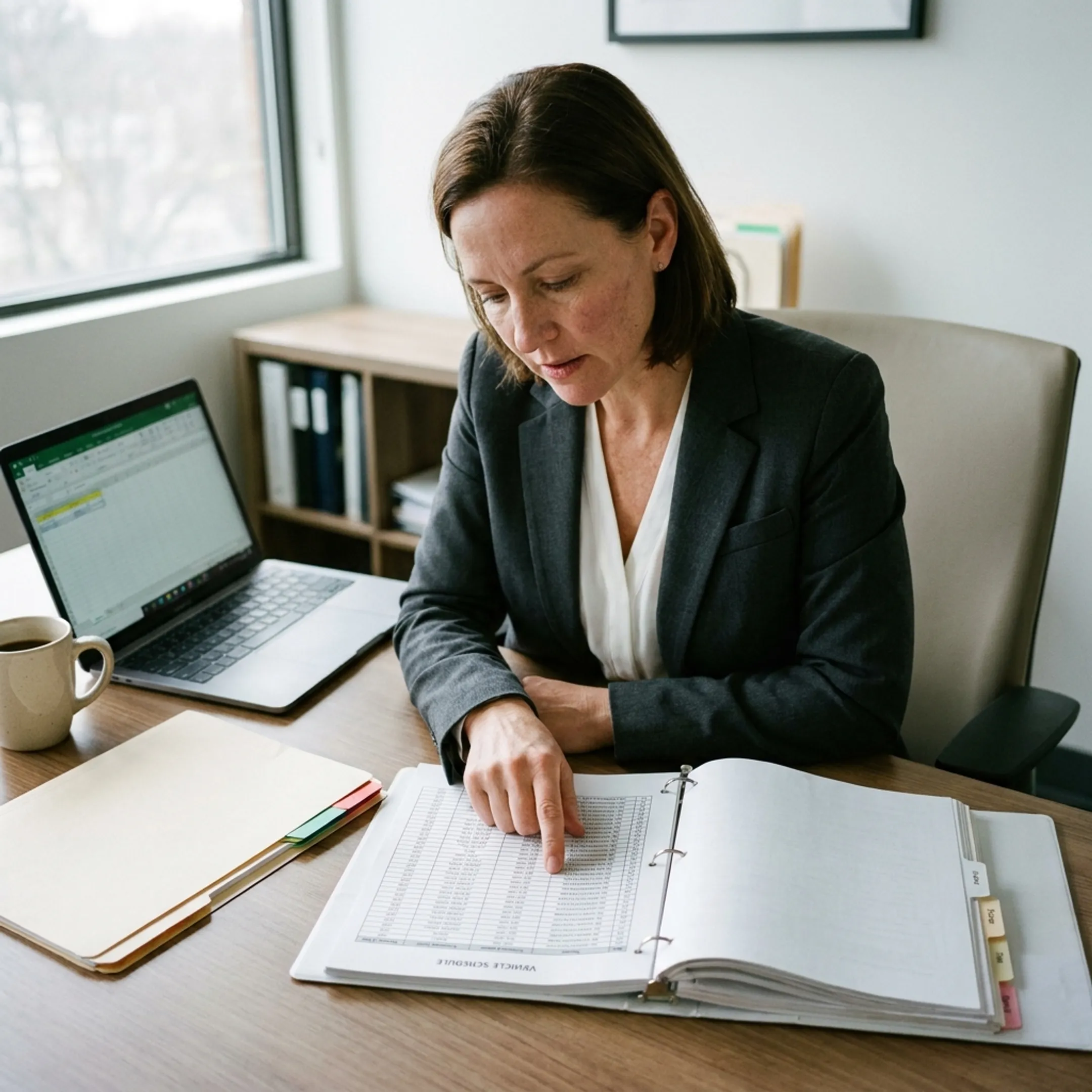Insurance agent reviewing commercial fleet policy documents with client