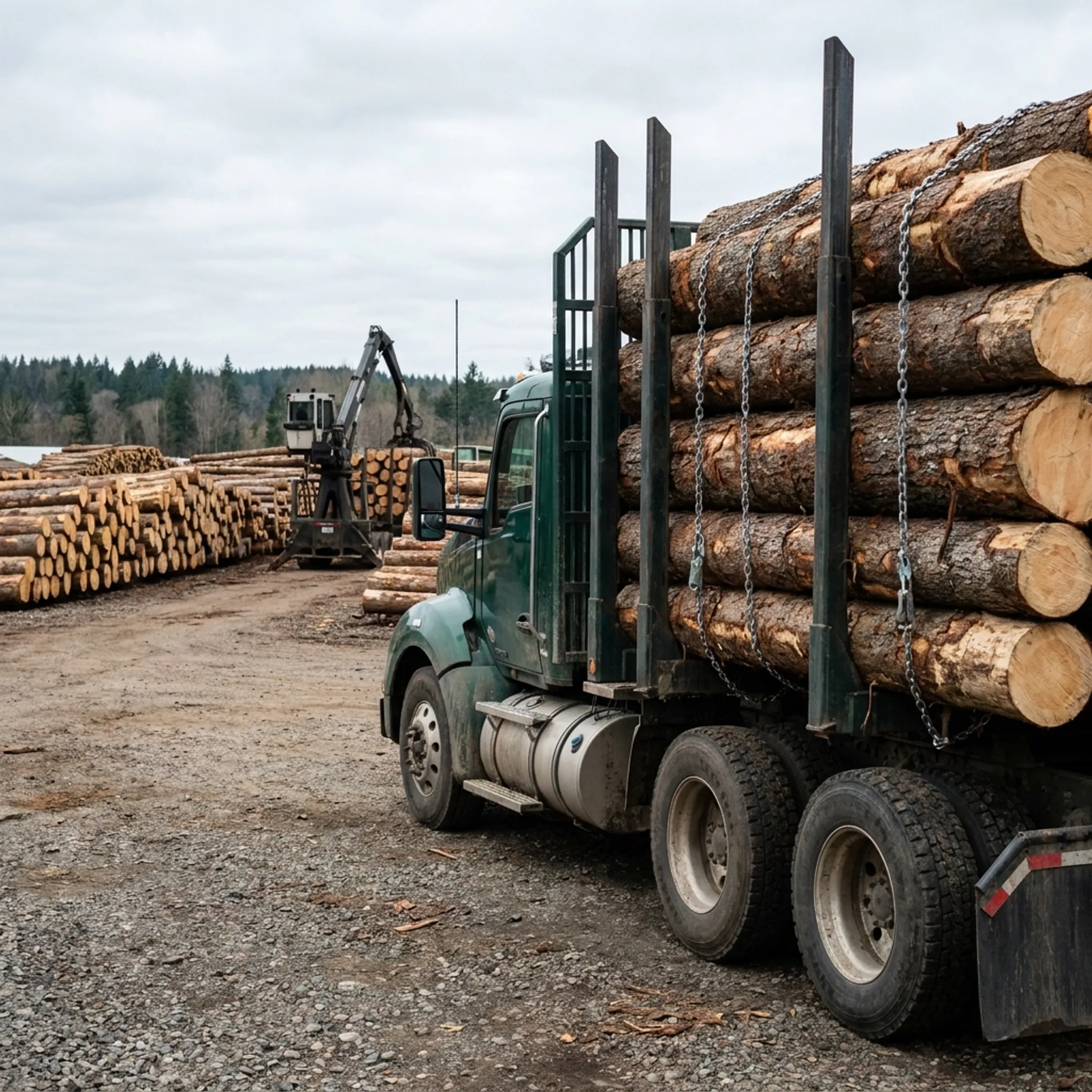Commercial log truck parked near timber processing yard
