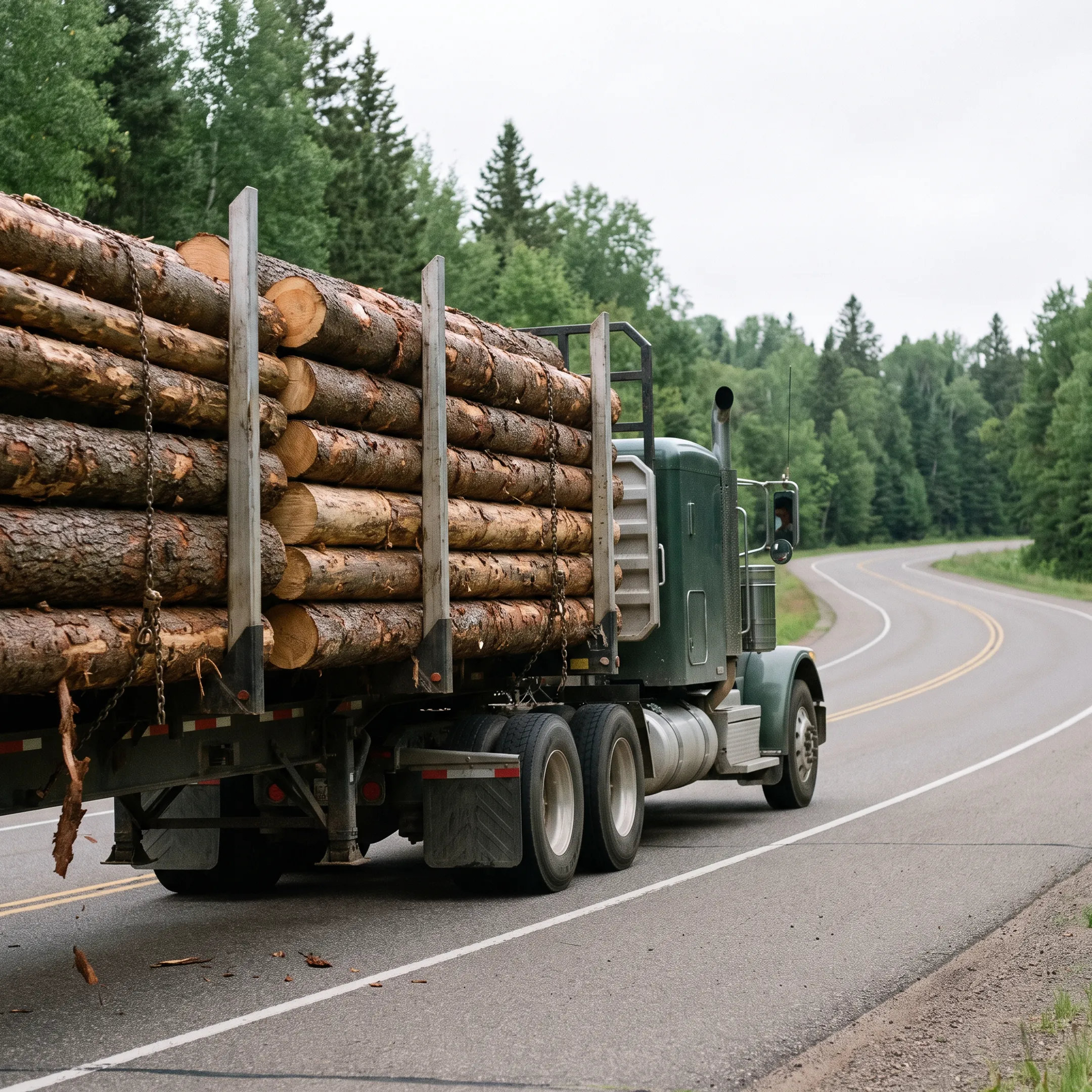 Commercial log truck transporting timber on a rural highway