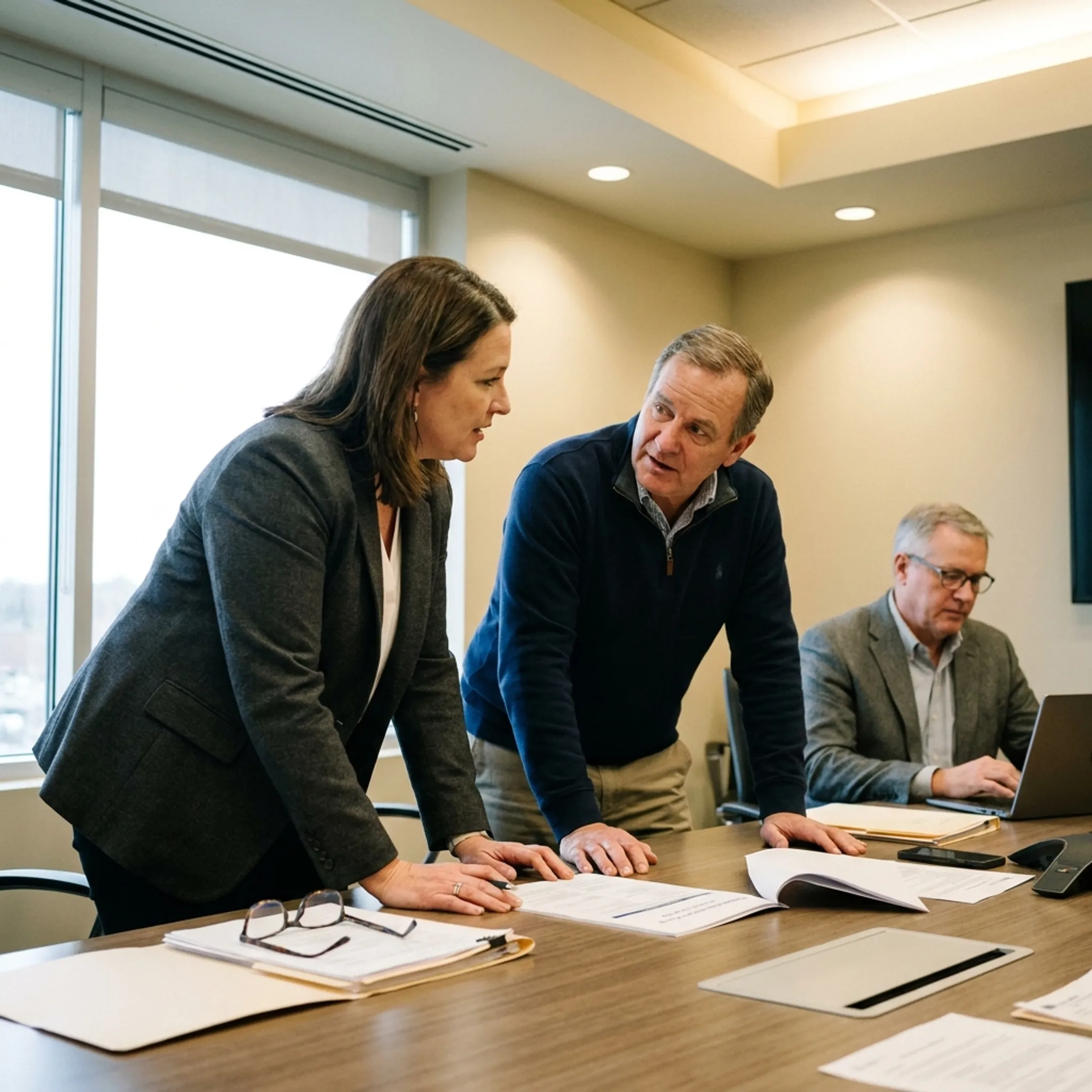 Community board members reviewing association property insurance documents