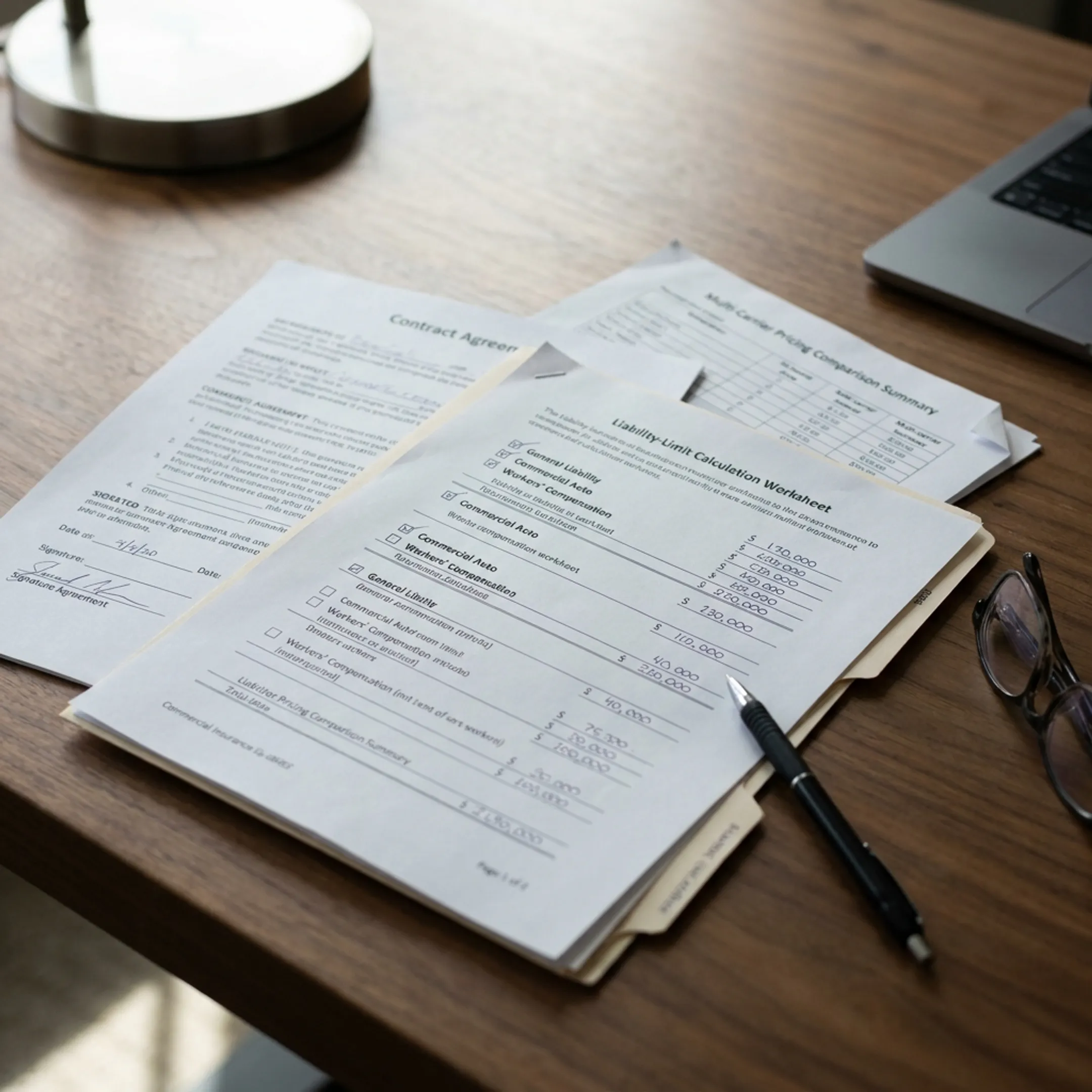Business professional examining commercial insurance coverage documents and policy comparison sheets.