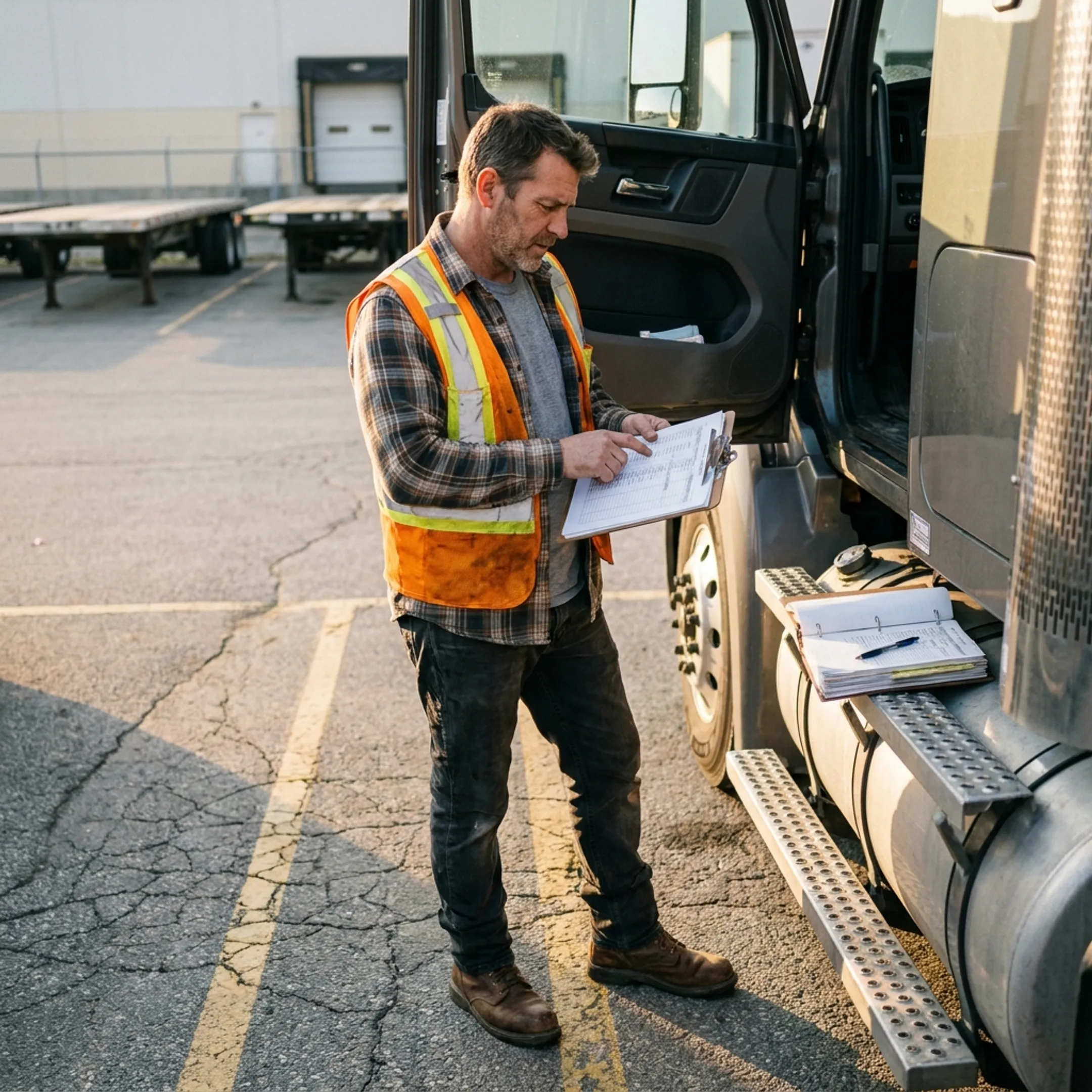 Independent semi truck driver inspecting vehicle equipment