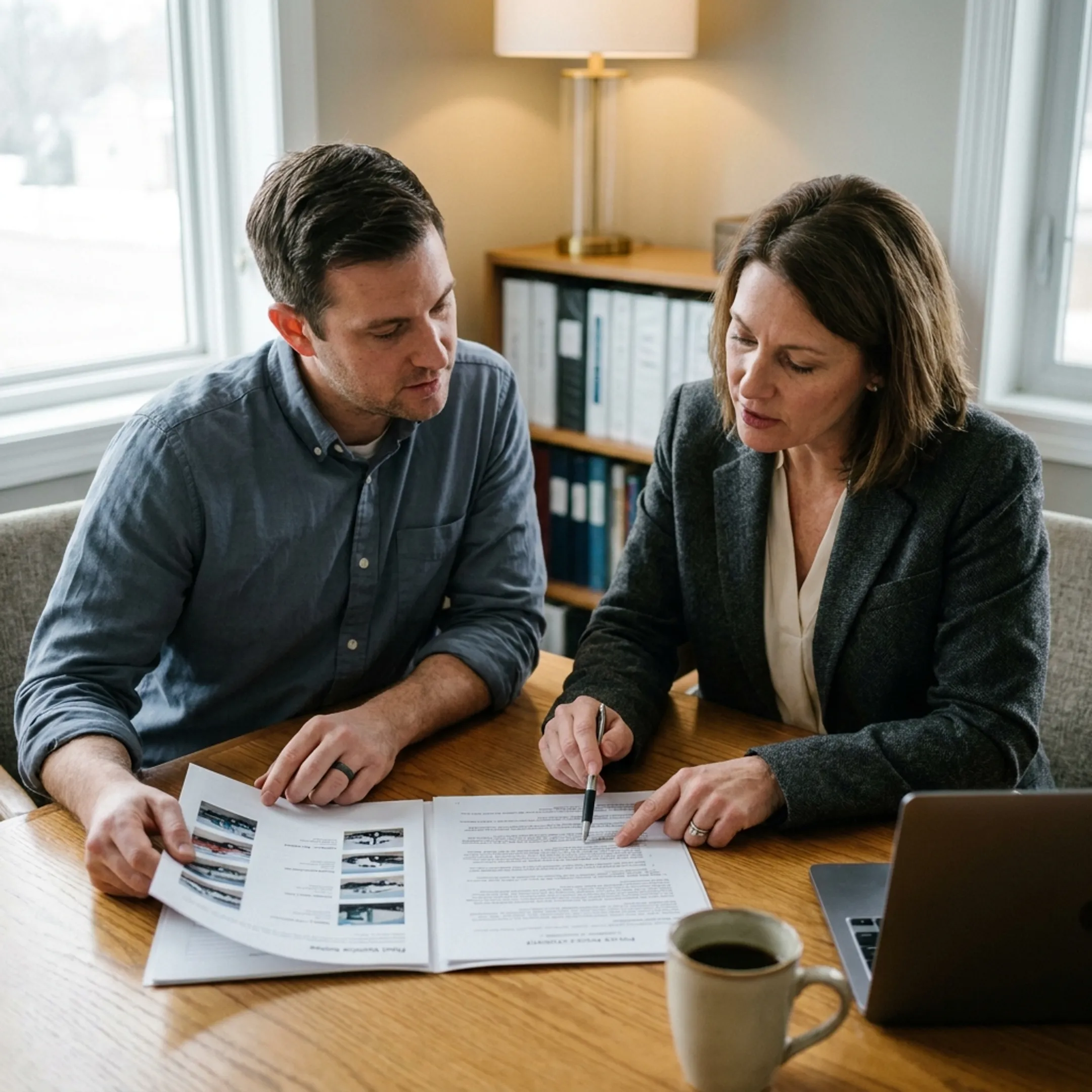 Insurance agent reviewing commercial fleet paperwork with a transport manager
