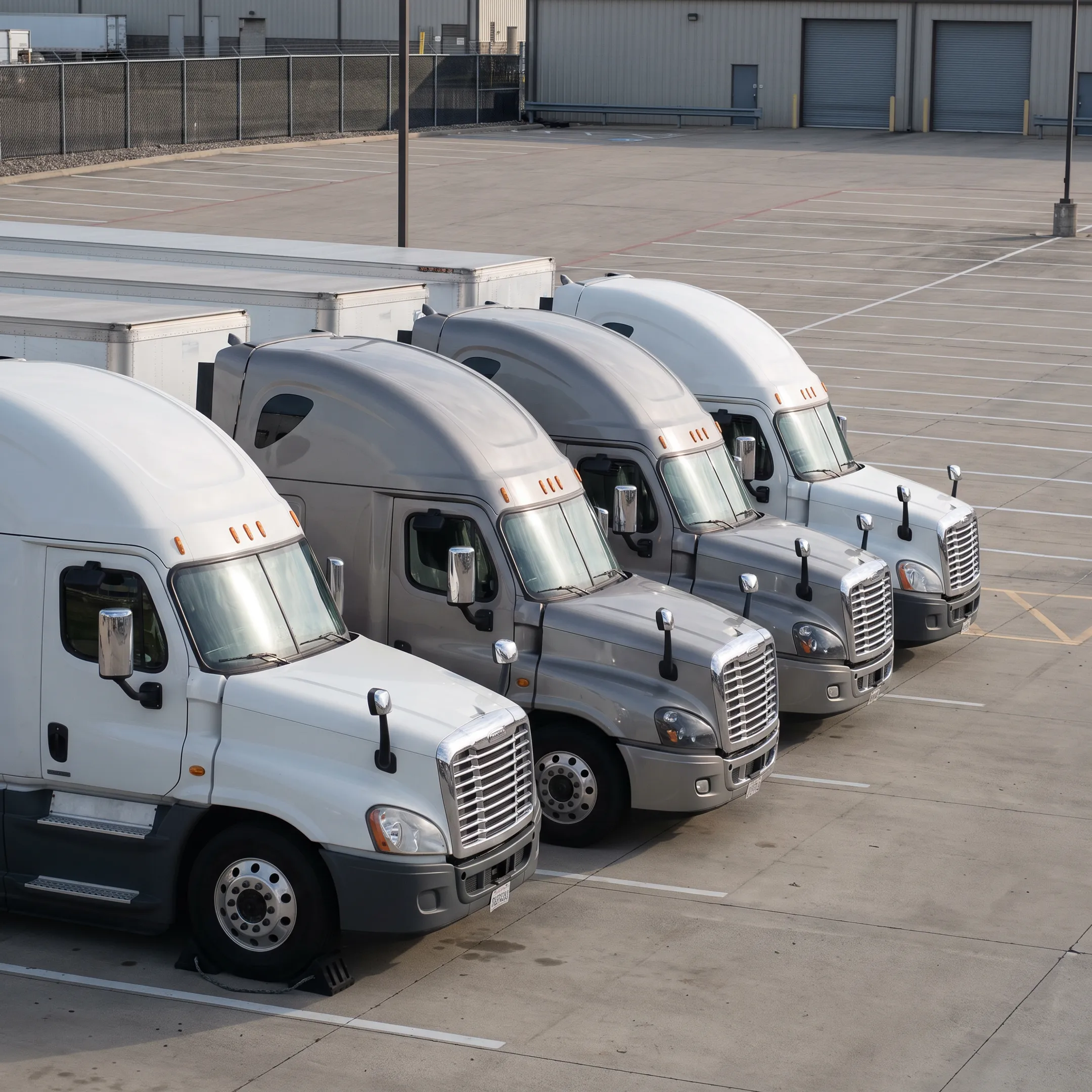 Commercial freight trucks lined up in a distribution terminal lot
