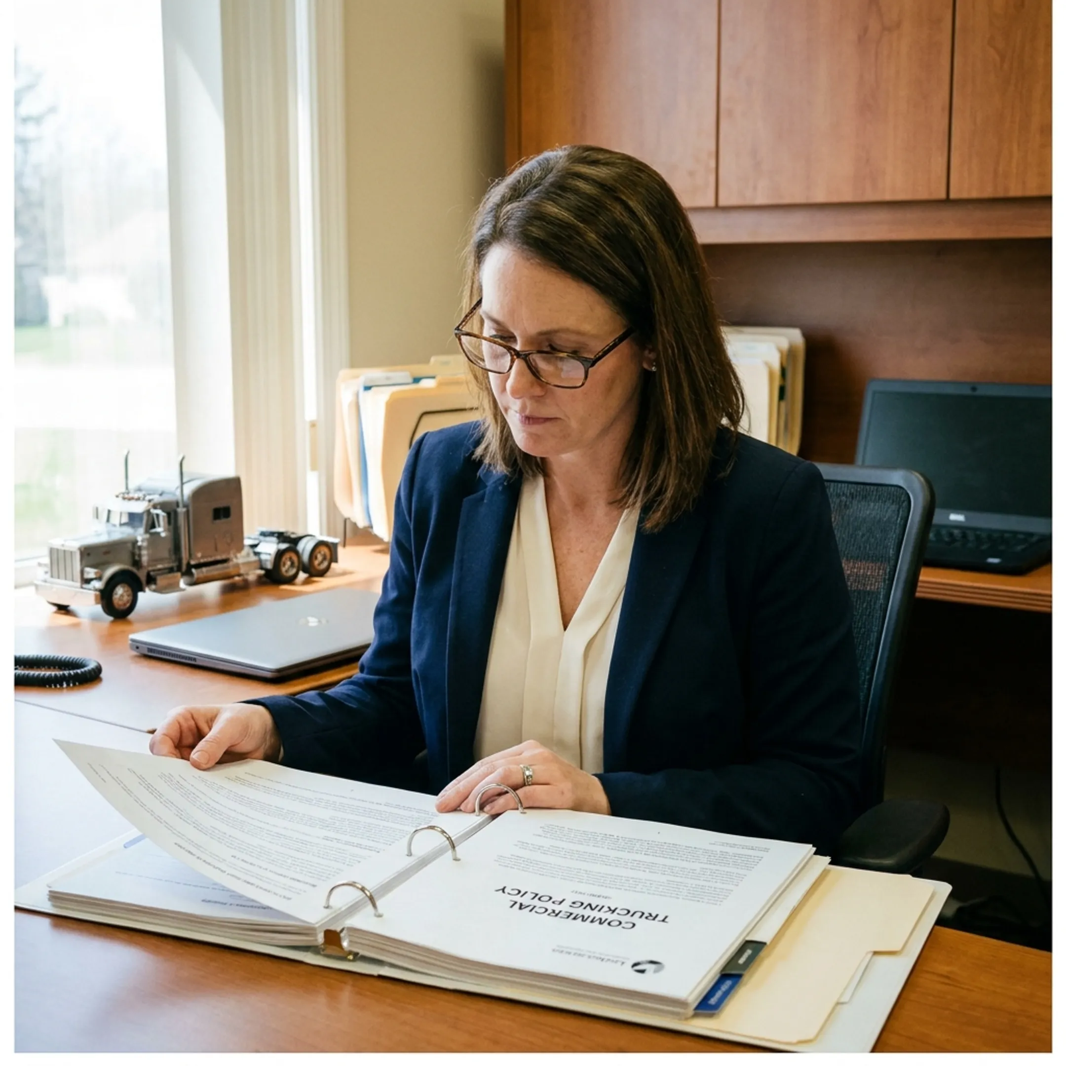 Fleet manager reviewing trucking insurance policy documents