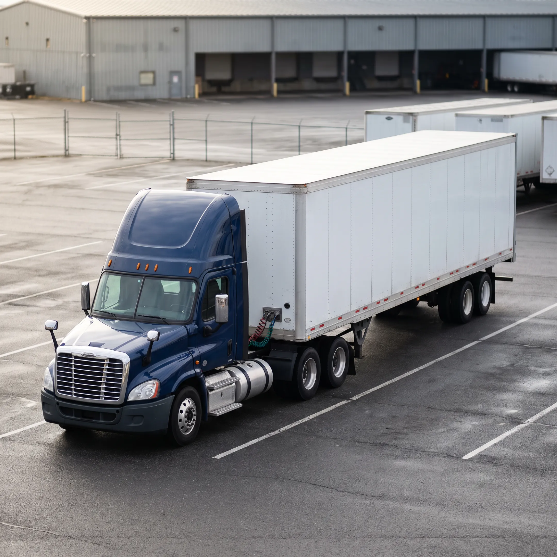 Commercial semi truck and heavy rig parked at a freight terminal