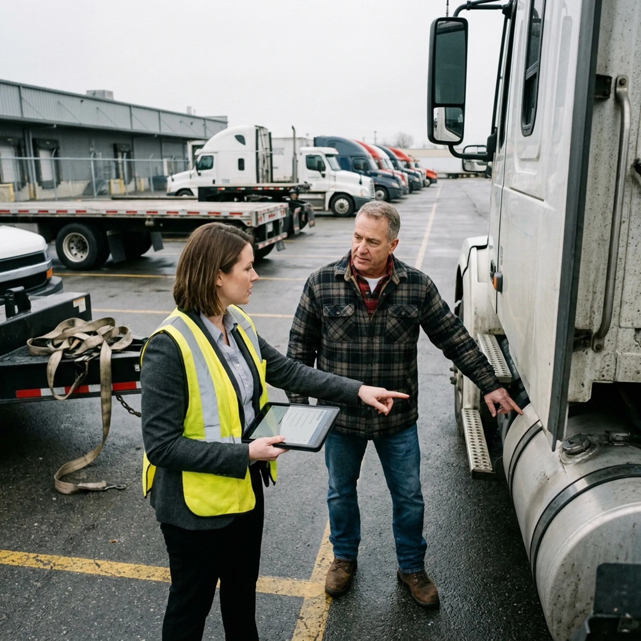 Commercial freight trucks parked at a transport depot ready for inspection