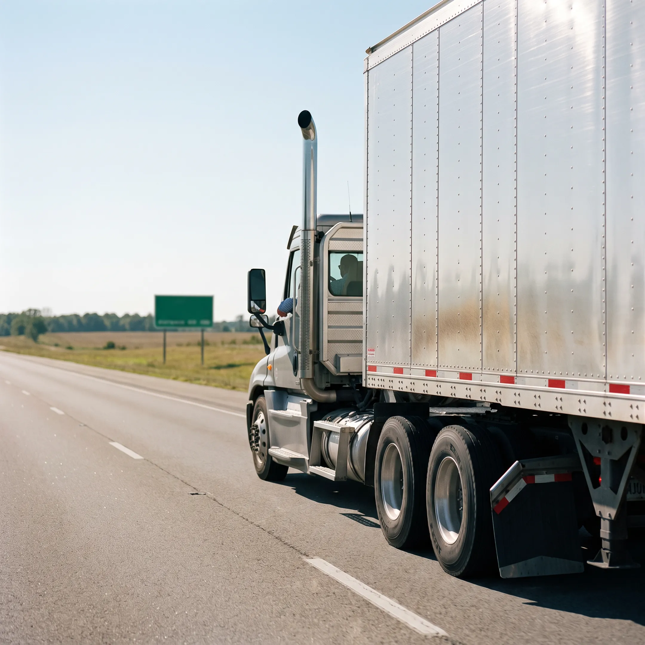 Commercial semi-truck traveling on an open interstate highway carrying freight