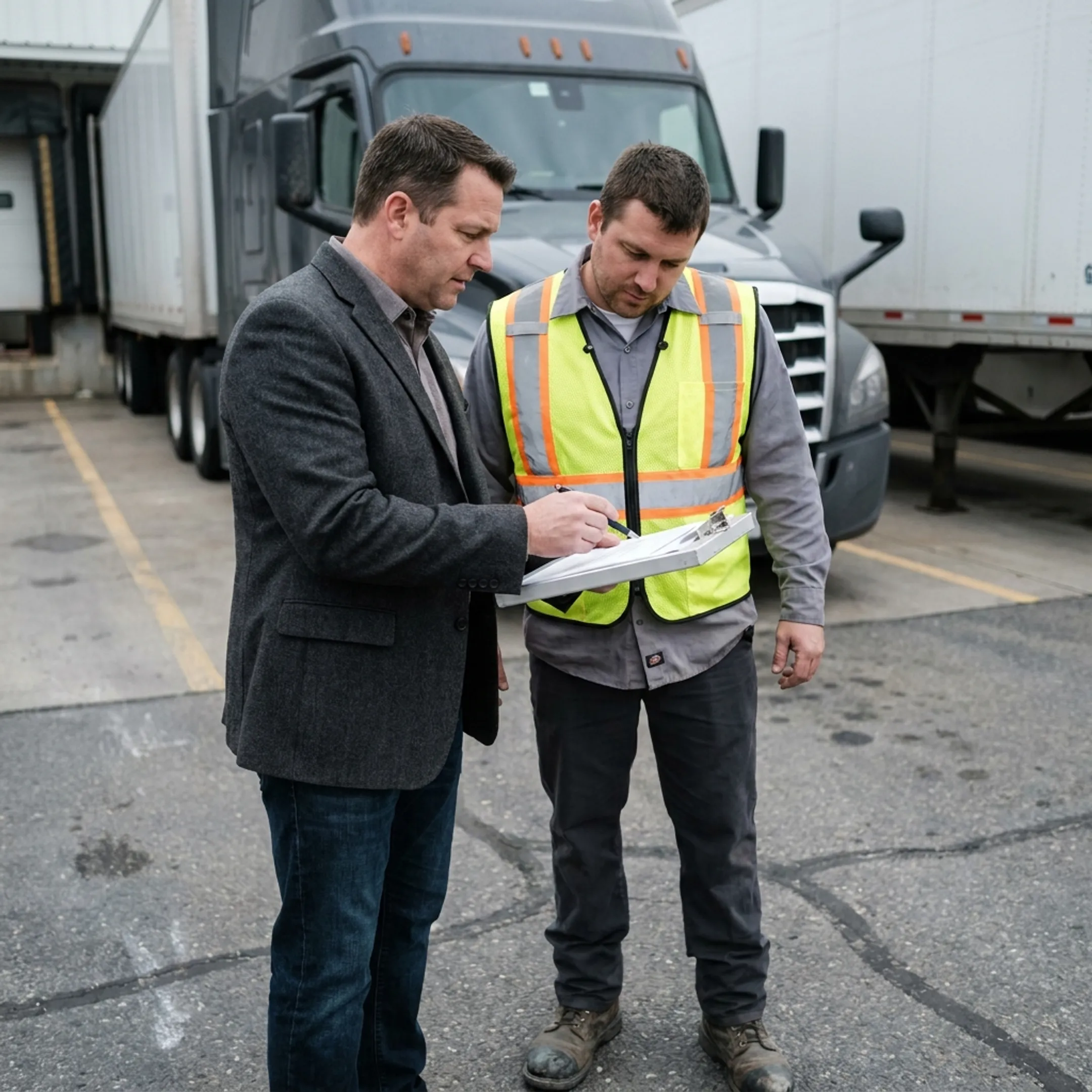 Logistics manager and truck driver reviewing freight documents near shipping terminal