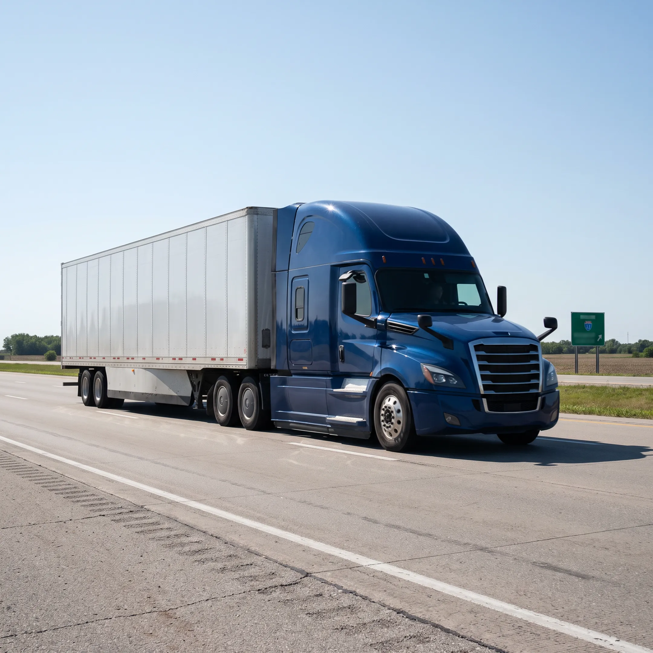 Commercial semi truck driving on highway during daytime hauling freight trailer