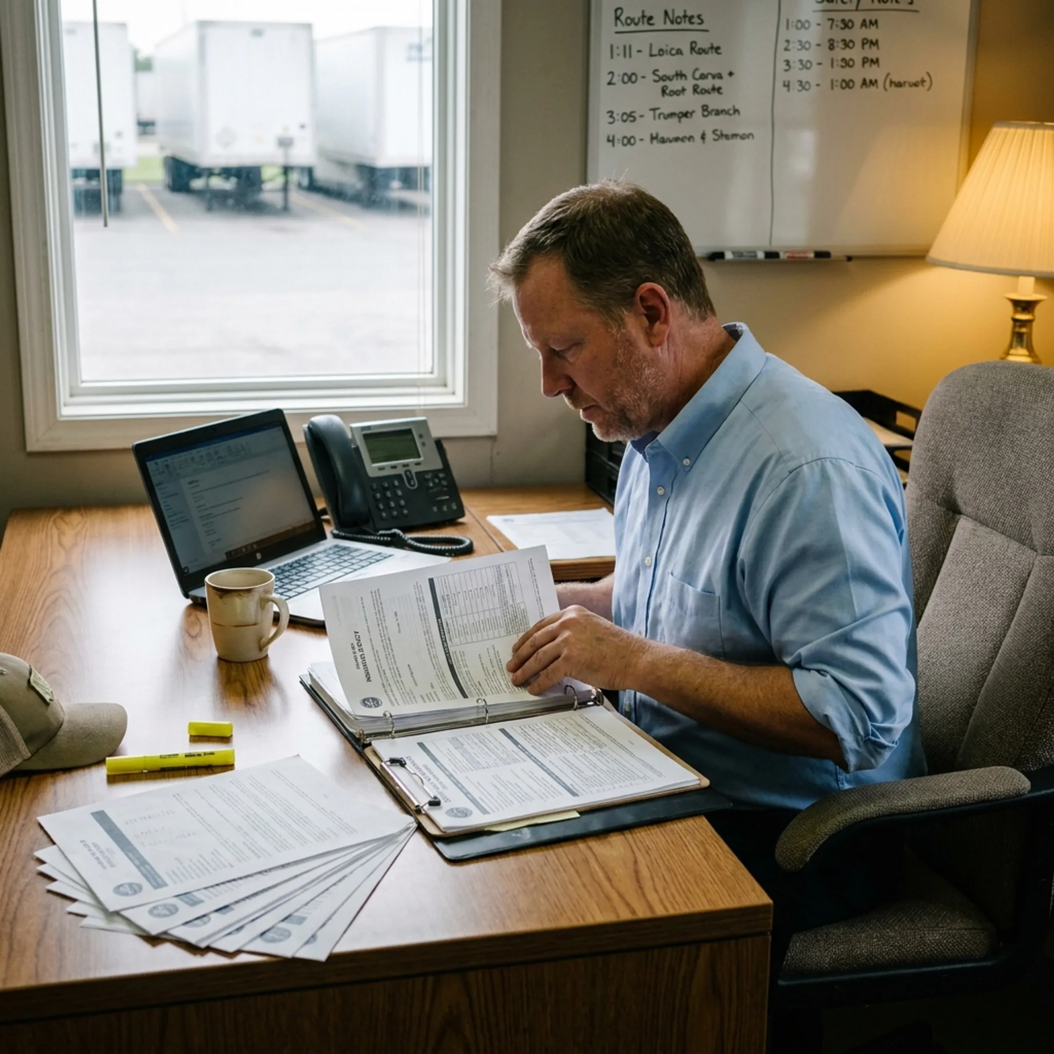 Commercial fleet manager reviewing insurance documents