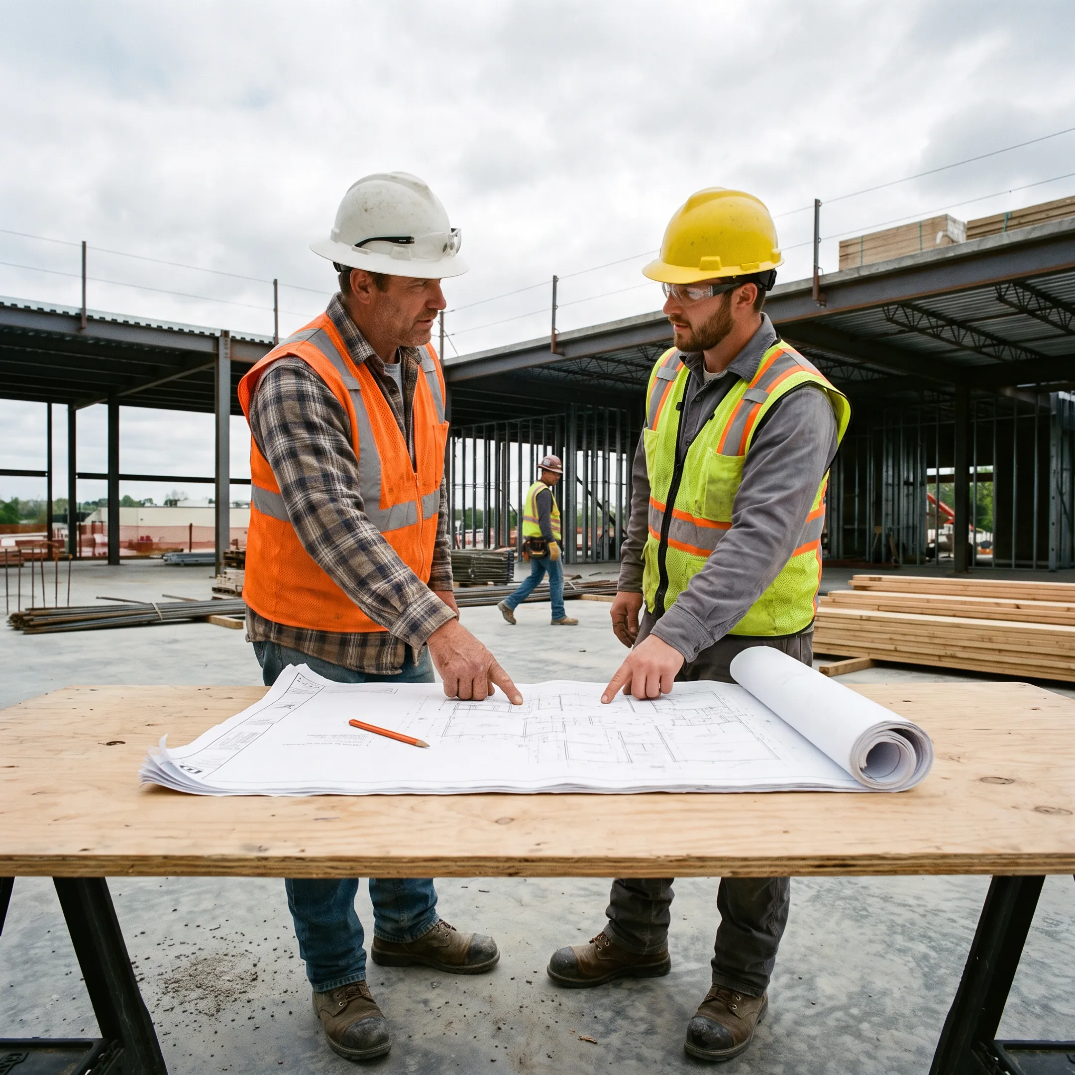 Construction contractors reviewing project plans wearing hard hats on a jobsite