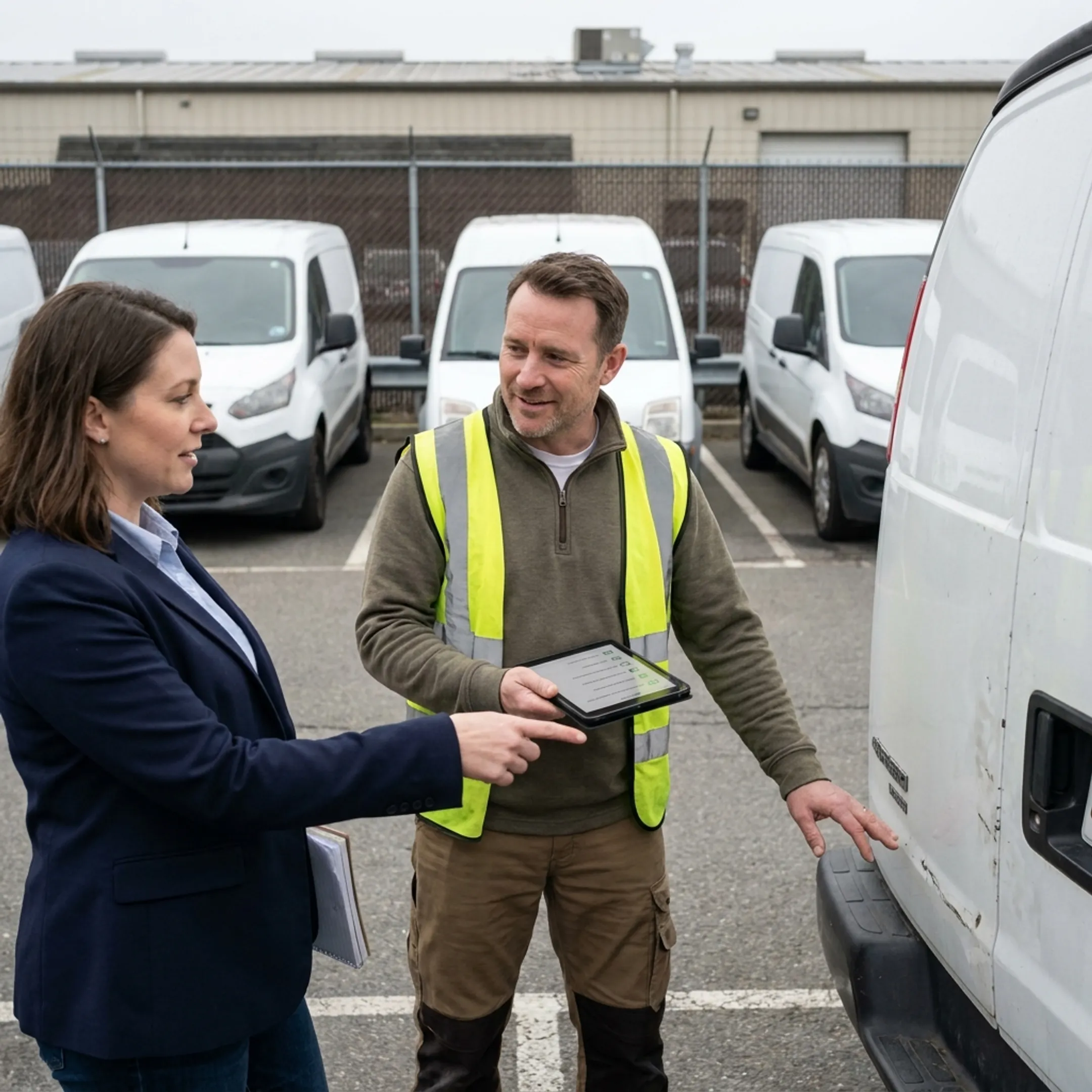 Fleet manager inspecting commercial delivery vans with an insurance advisor