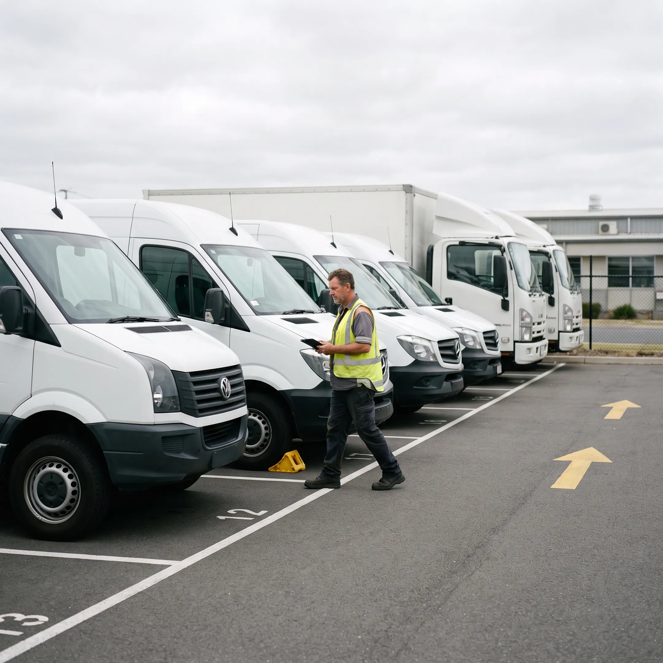 Commercial fleet vehicles parked outside a corporate distribution center