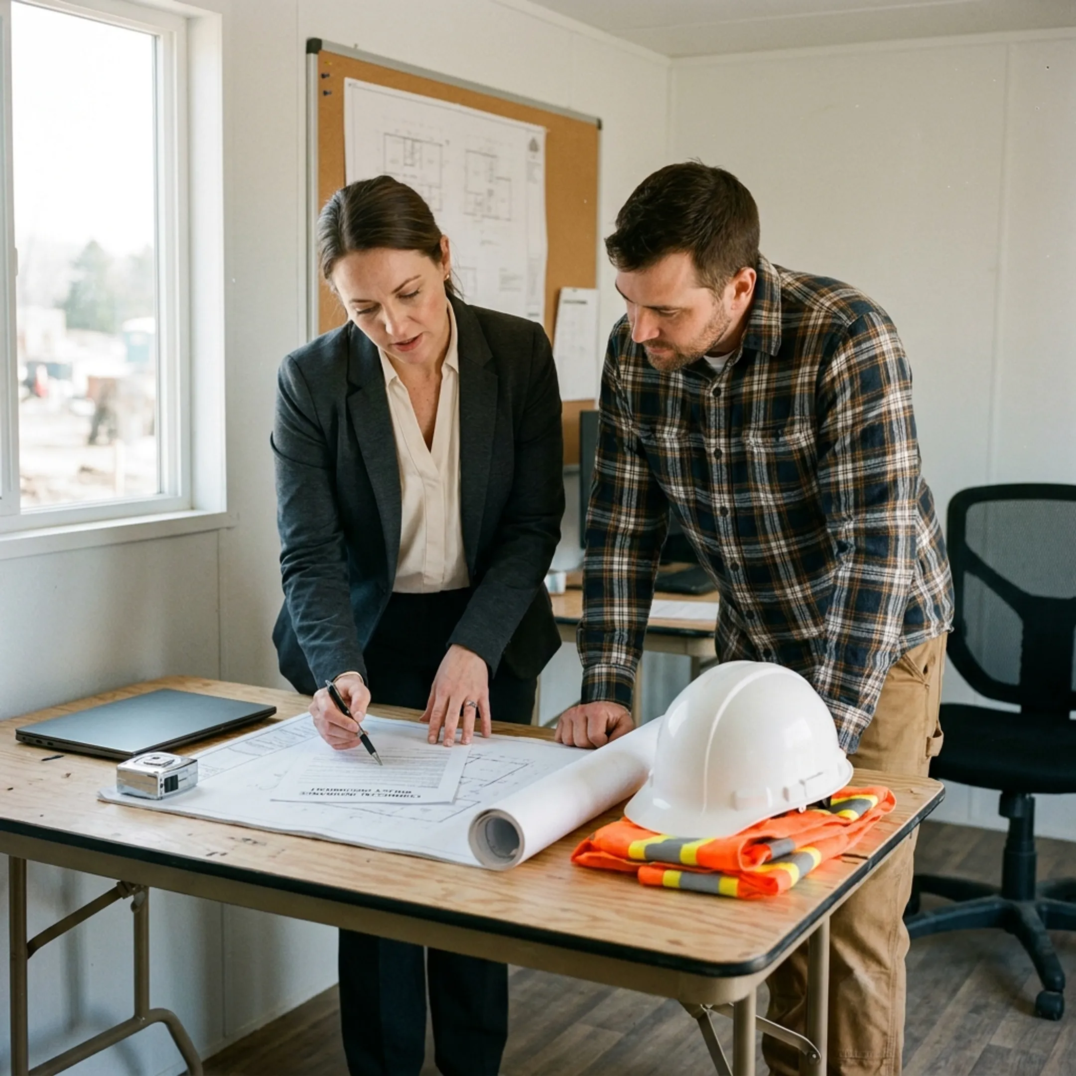 Construction team discussing commercial coverage options with insurance representative
