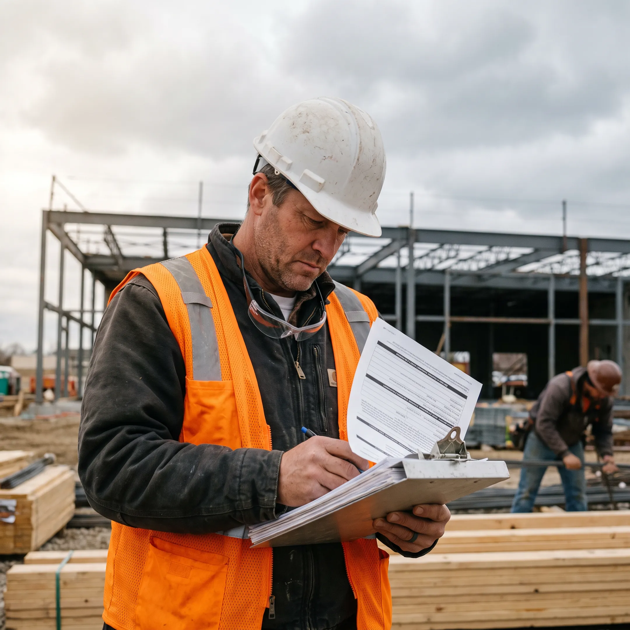 Contractor reviewing insurance policy documents on an active jobsite