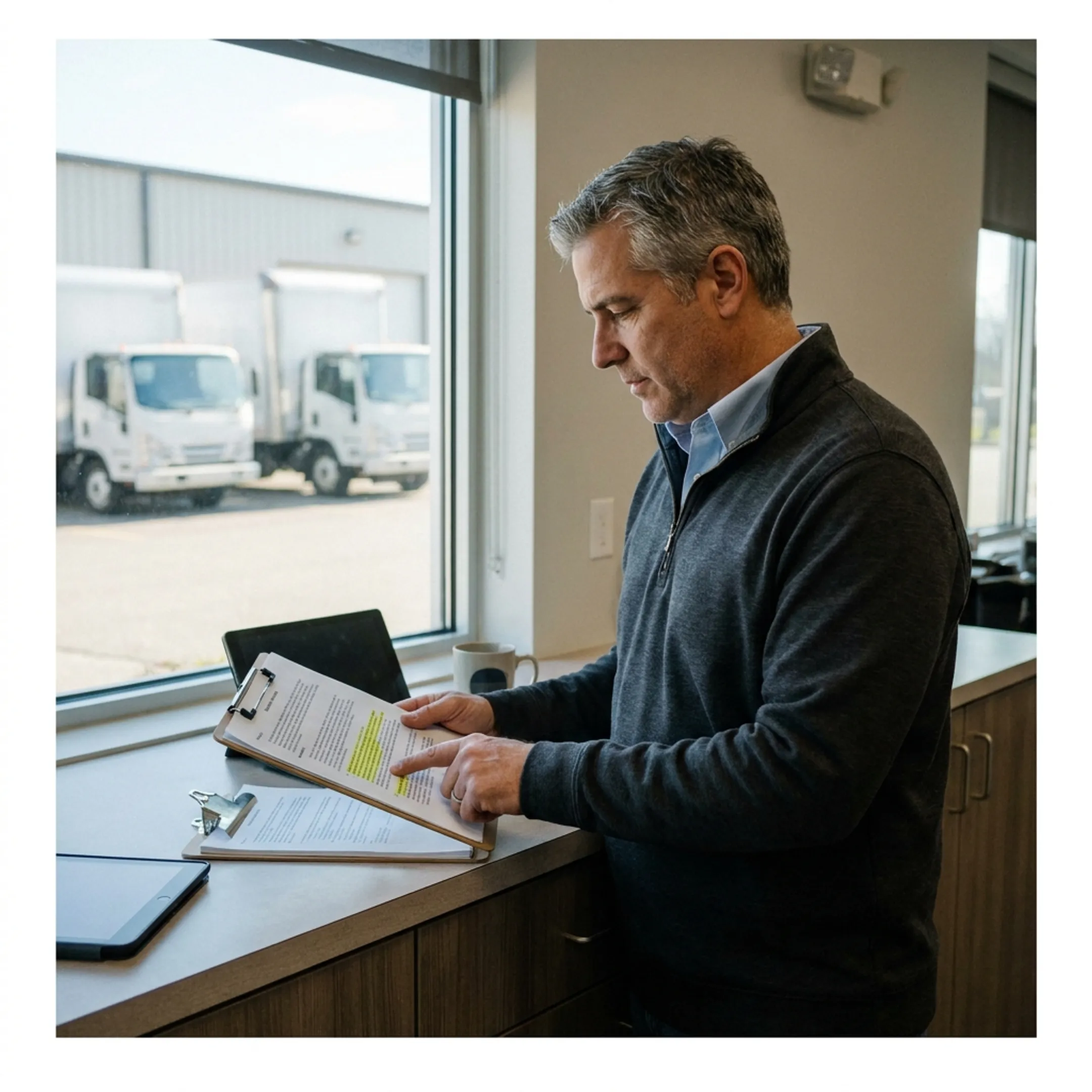 Commercial fleet manager reviewing freight insurance documents in an office