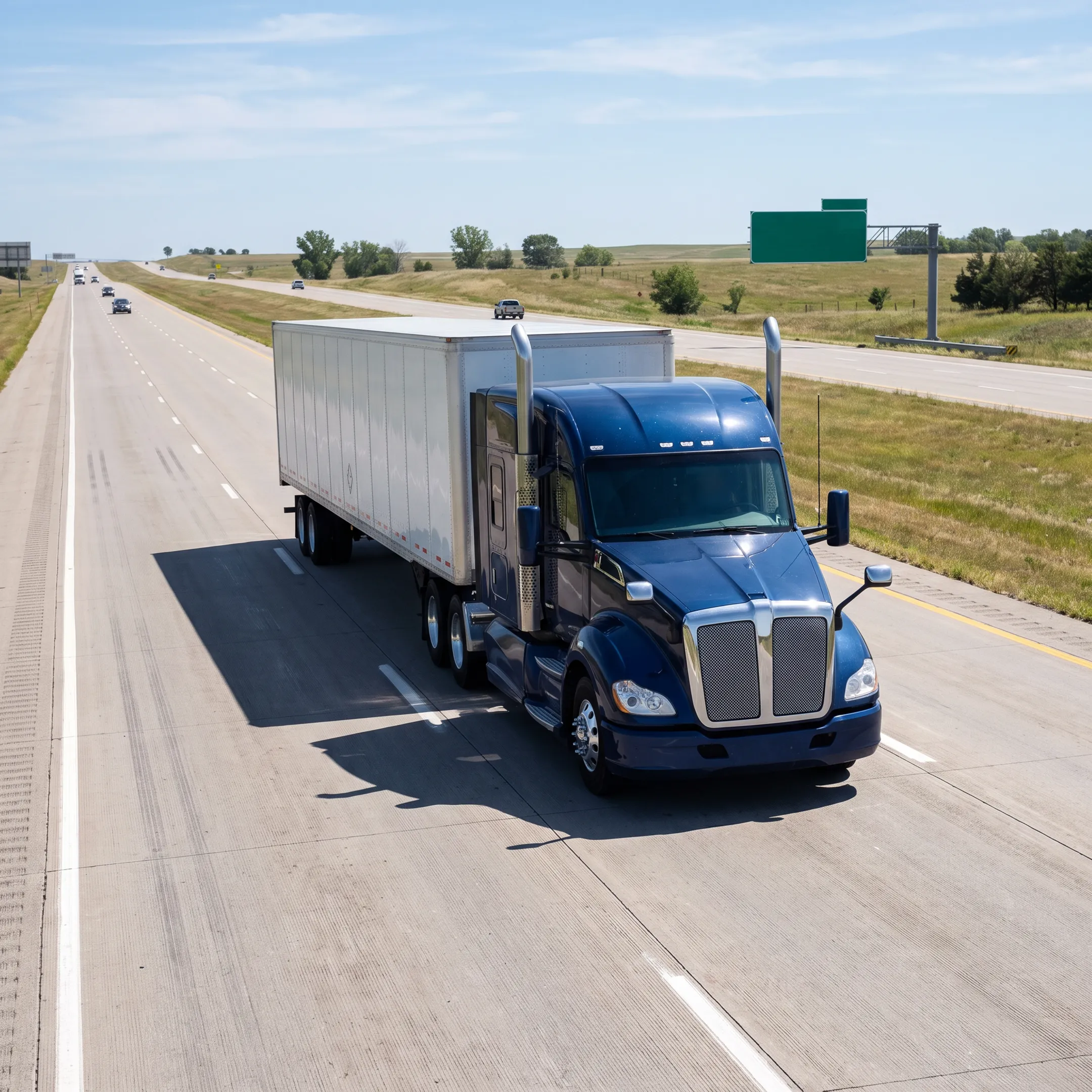 Commercial semi truck driving on an interstate highway transporting freight