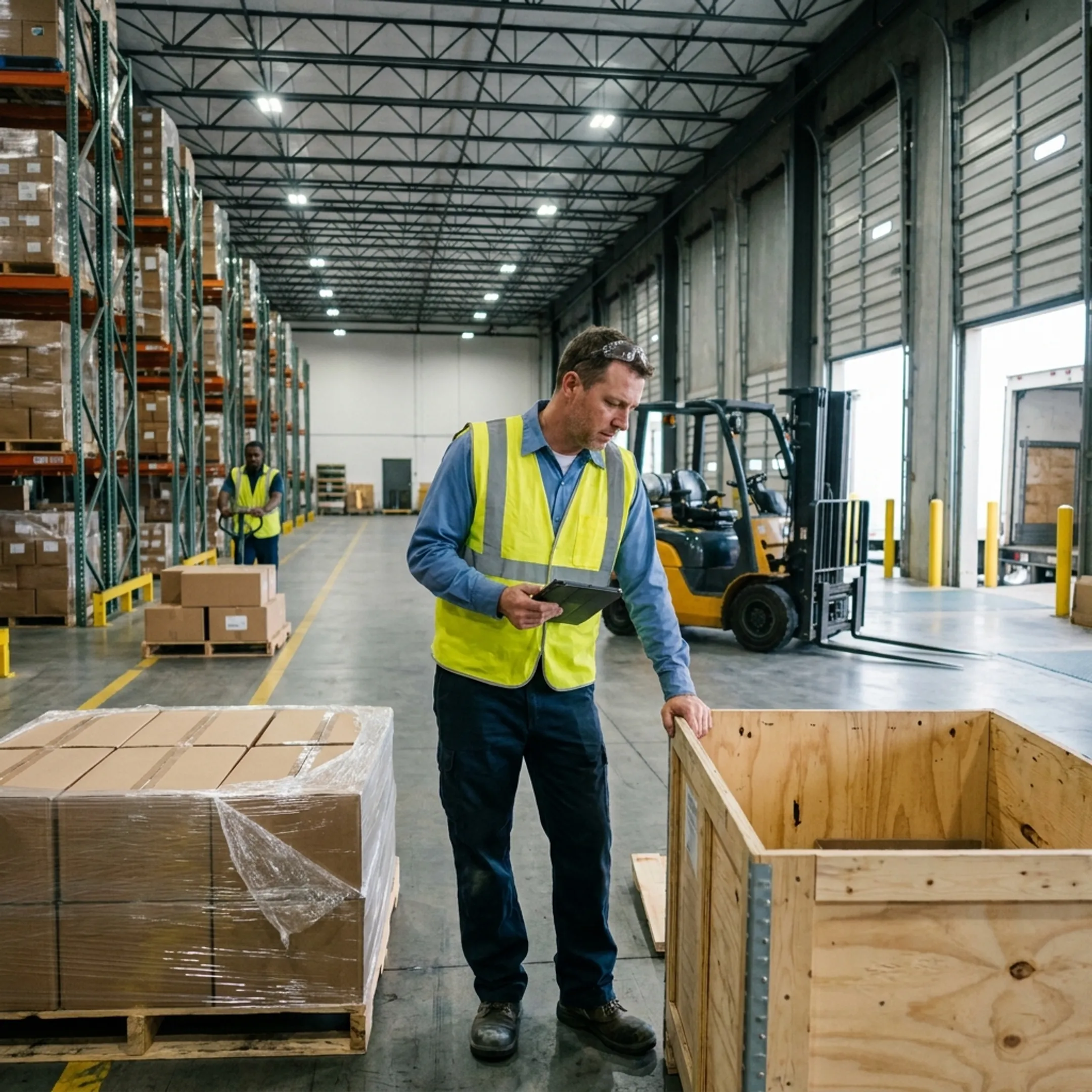 Shipping warehouse manager inspecting secured cargo freight loaded for transit