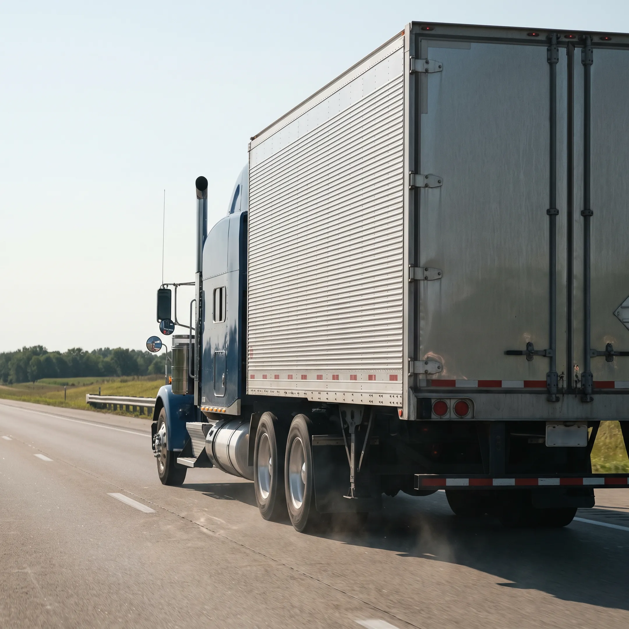 Commercial semi truck transporting freight container cargo along an open highway