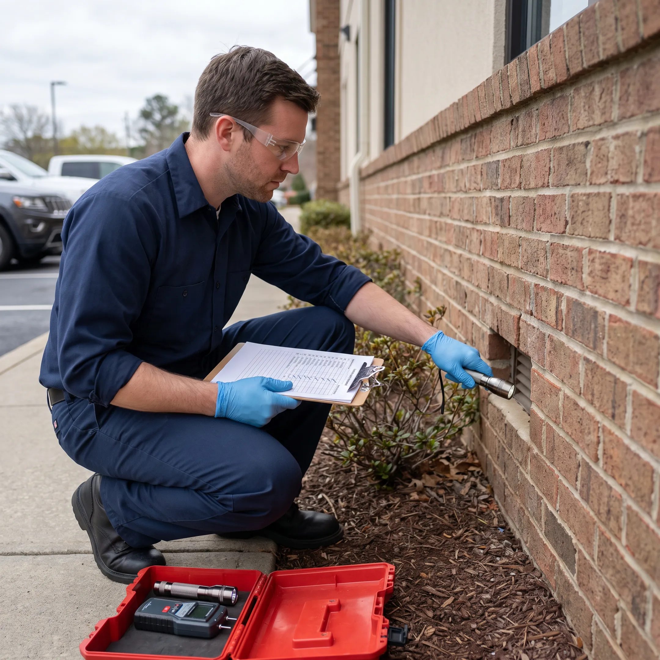 Pest control technician in protective gear inspecting commercial property