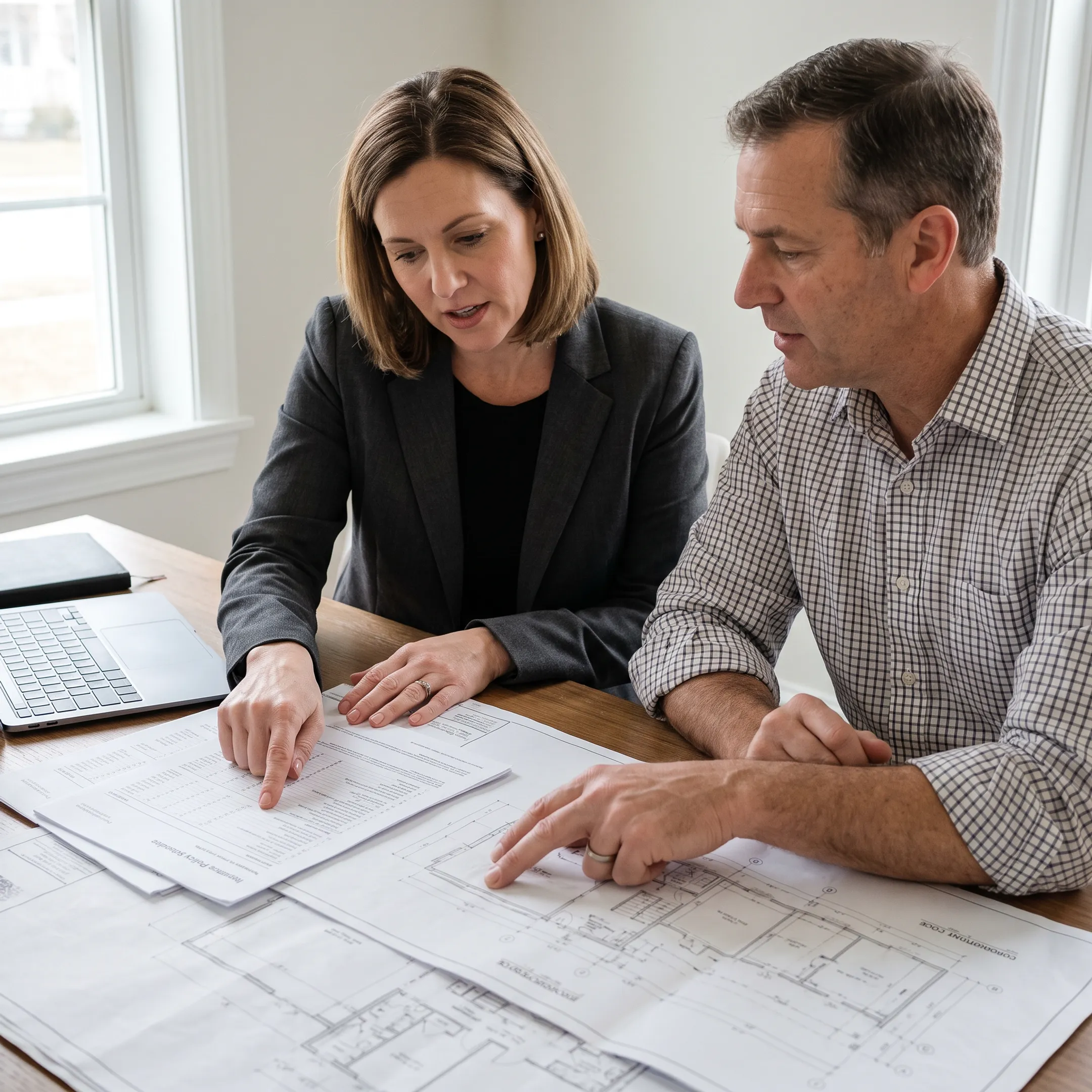 Real estate developer reviewing project specifications and commercial insurance documents