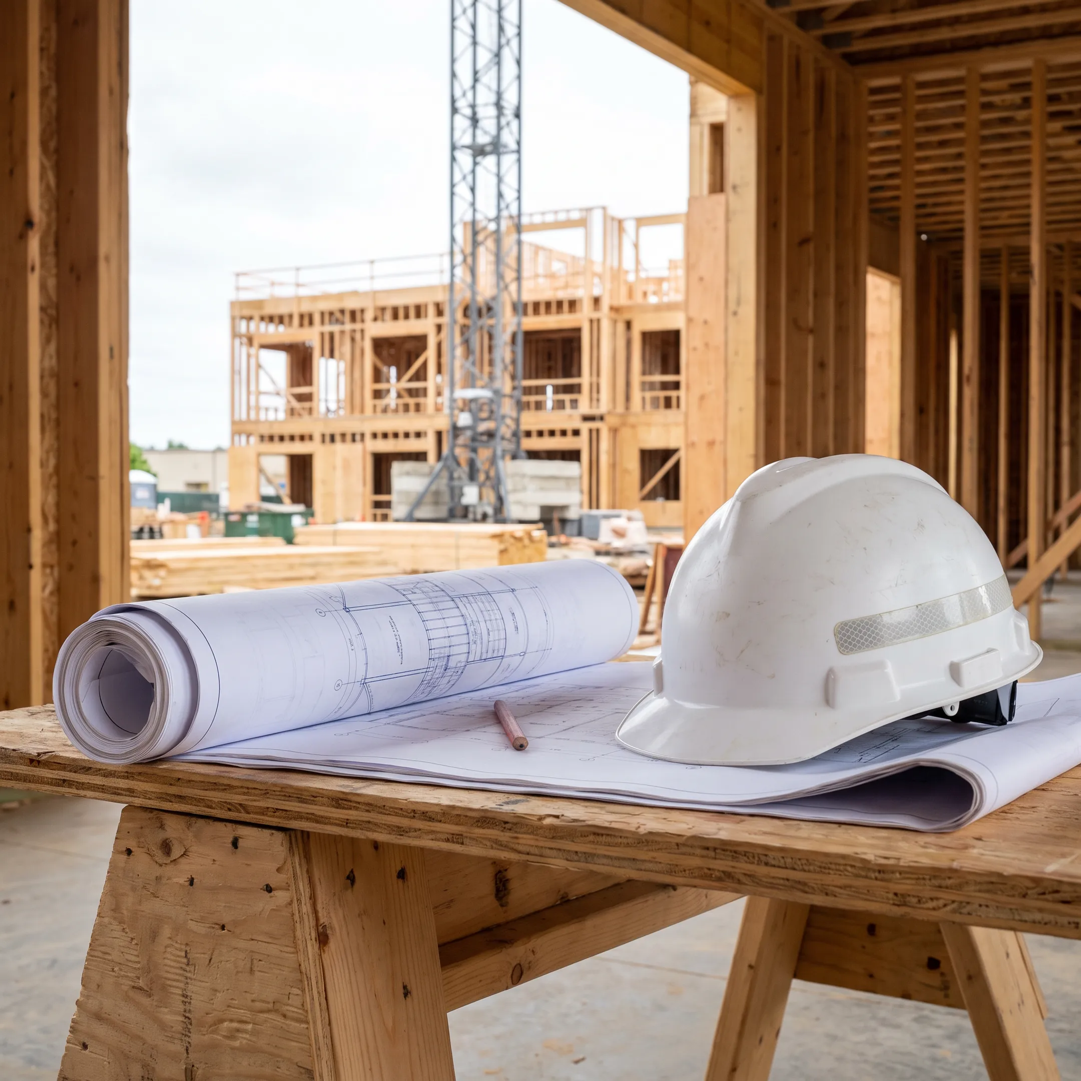 Commercial real estate development site with modern framing and building plans