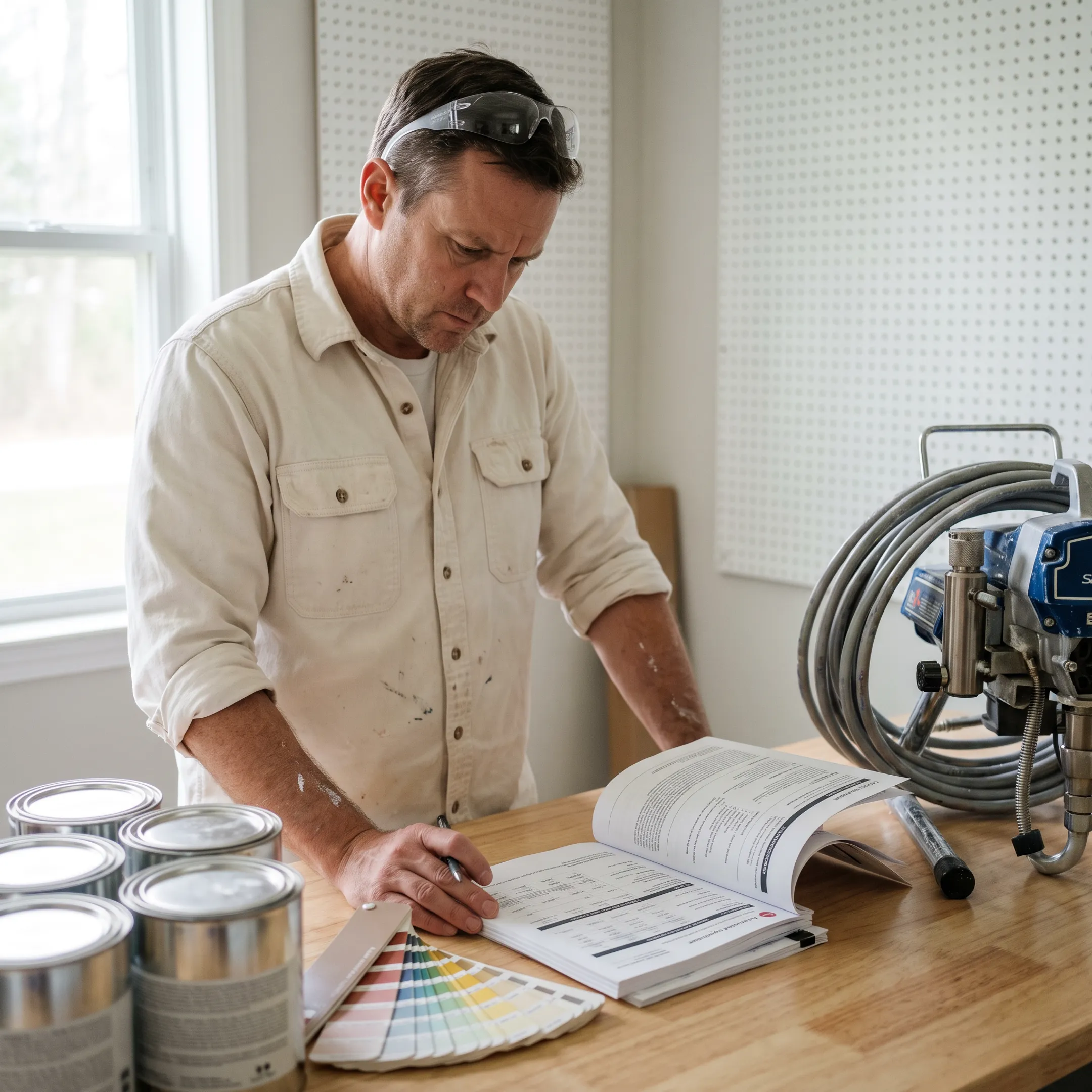 Contractor reviewing insurance documents and paint swatches on a construction site
