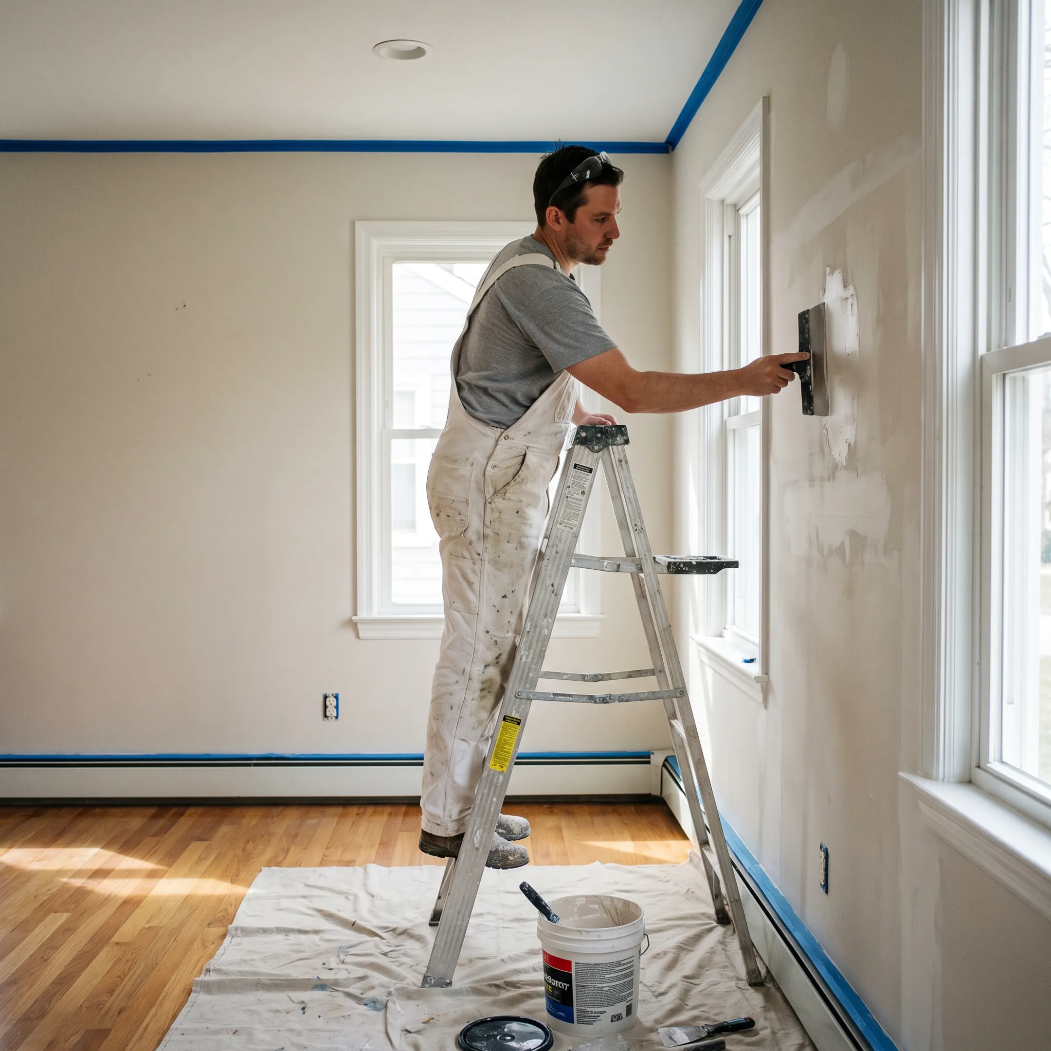 Professional painter on a ladder preparing an interior wall with protective dropsheets