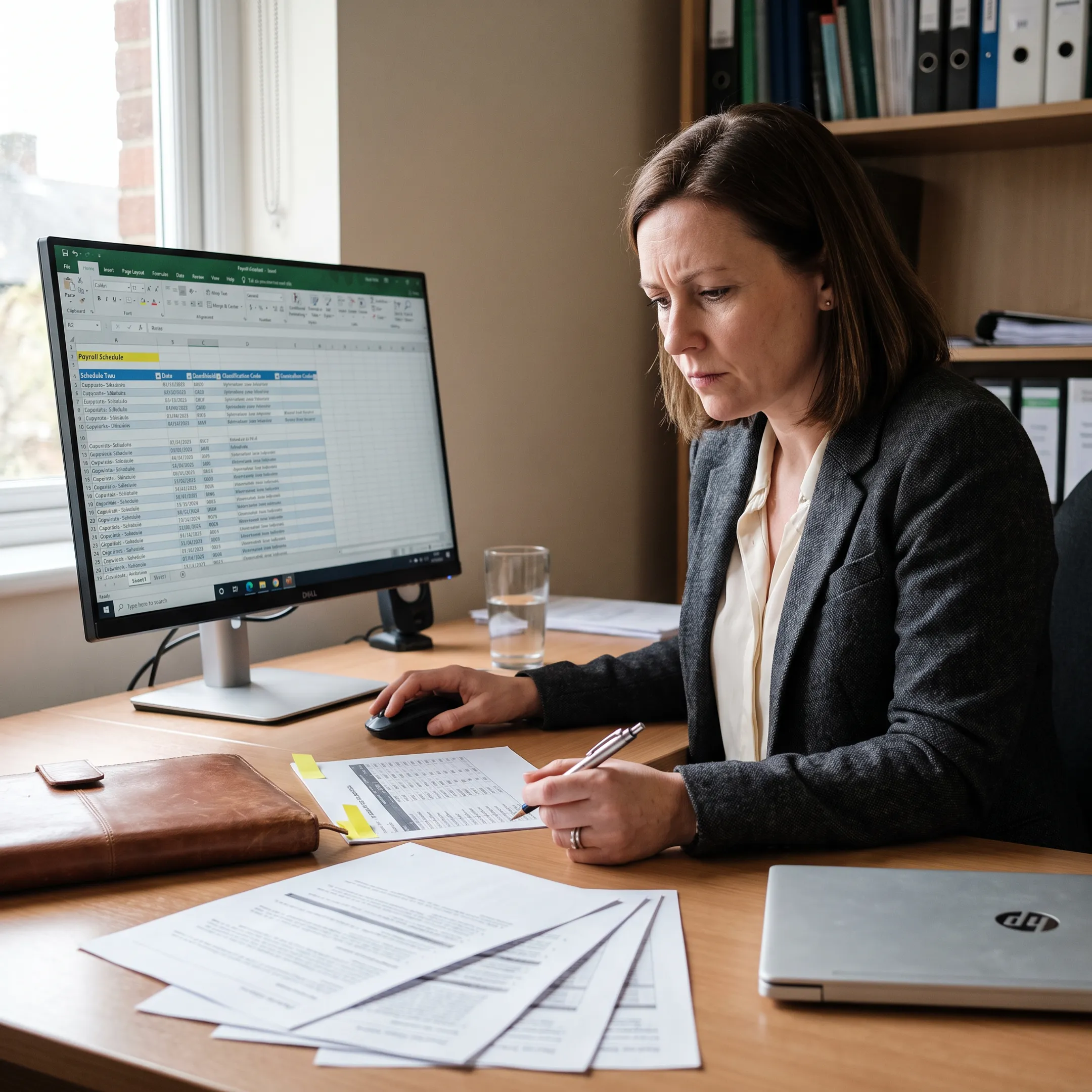 Workers compensation insurance specialist analyzing commercial payroll schedules