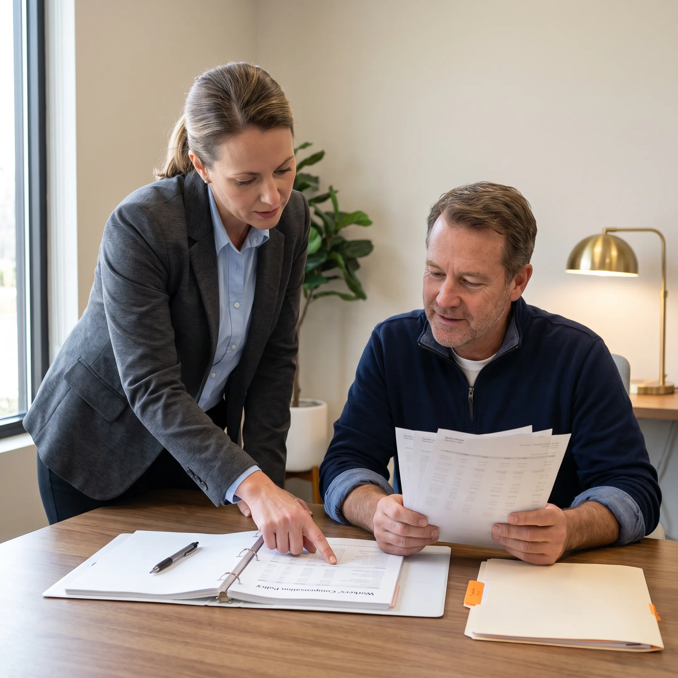 Commercial insurance advisor reviewing workers compensation policy documents with a business owner