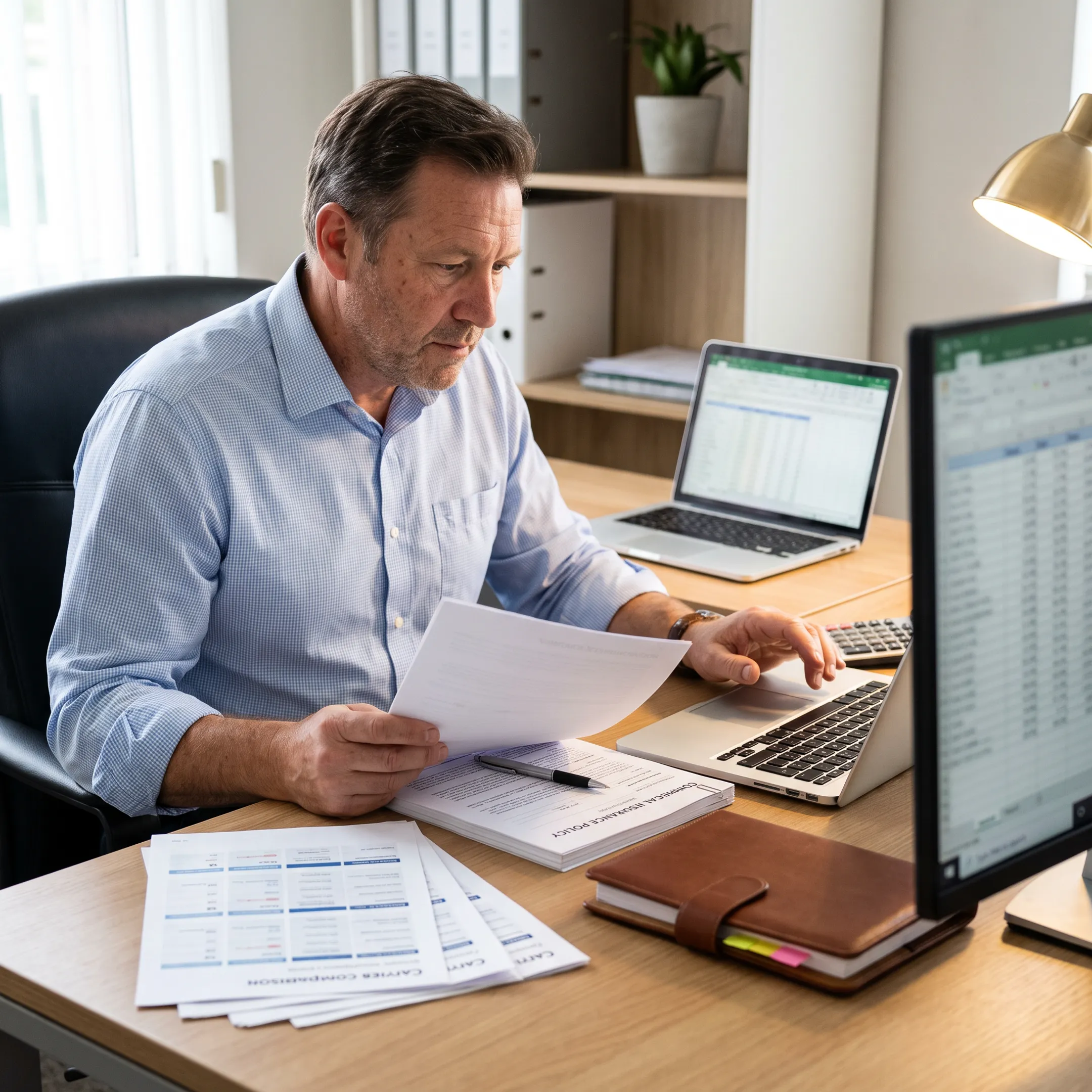 Commercial insurance agent reviewing policy documentation and rating factors