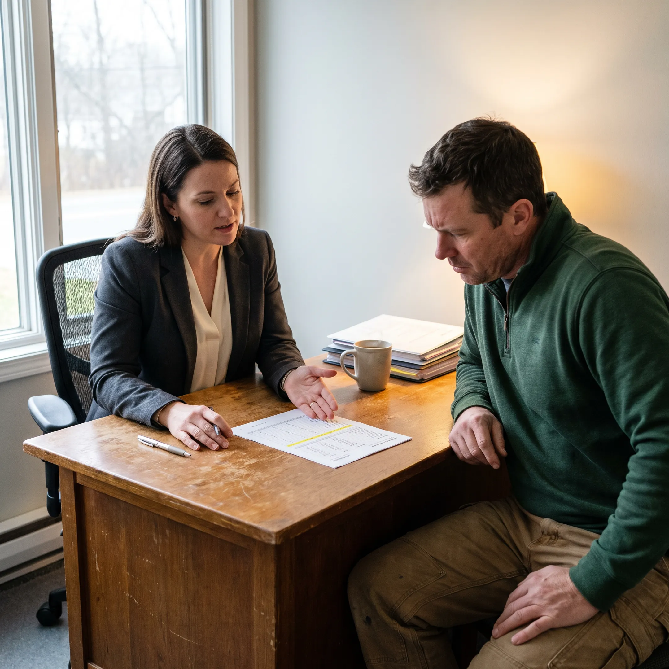 Insurance agent consulting with a general contractor over liability policy terms