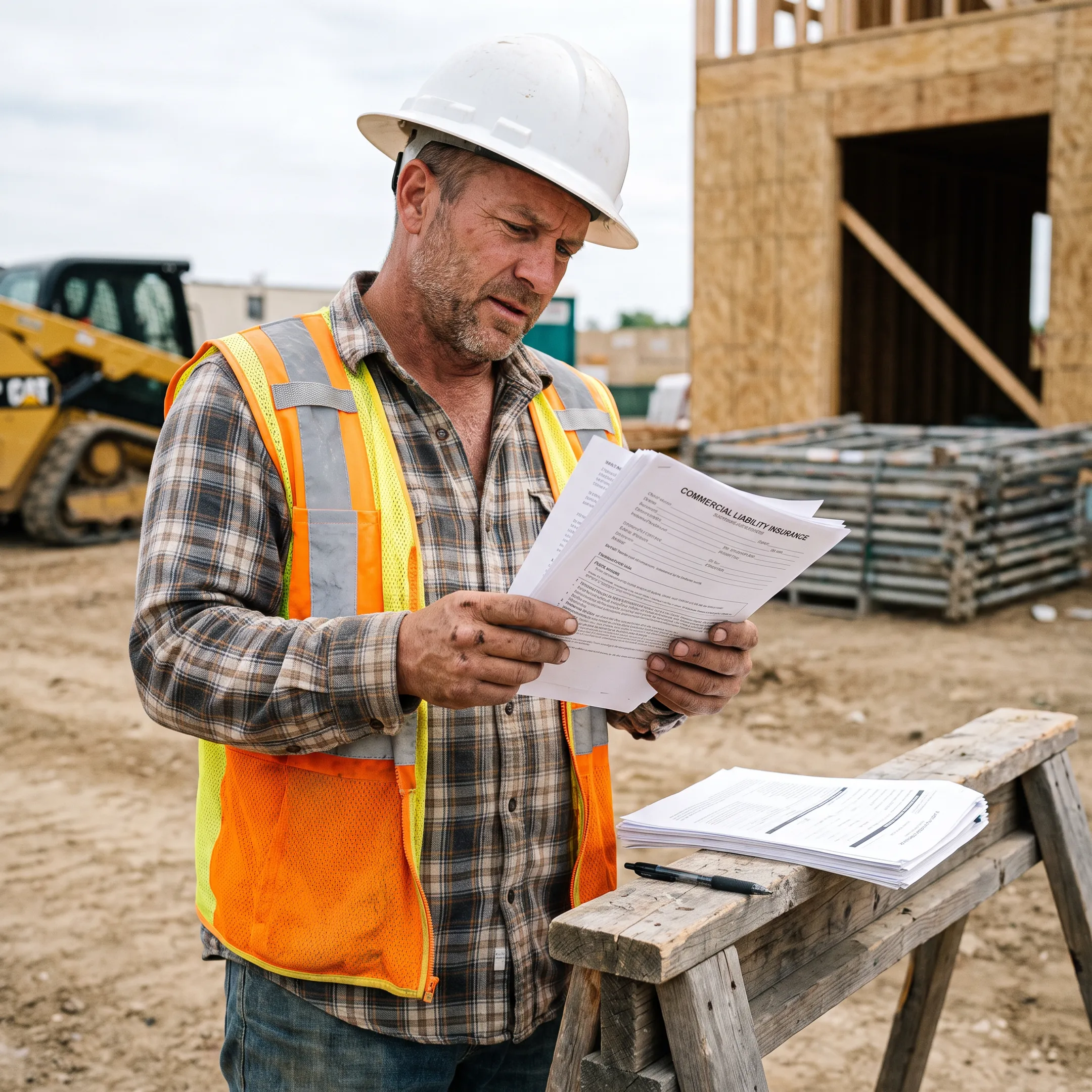 General contractor reviewing commercial liability insurance documents on a construction site