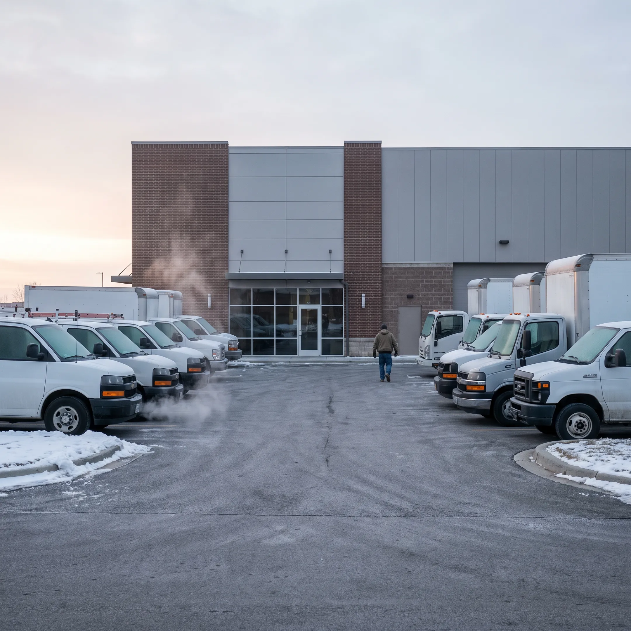 Commercial auto insurance vehicles parked outside a Minnesota facility