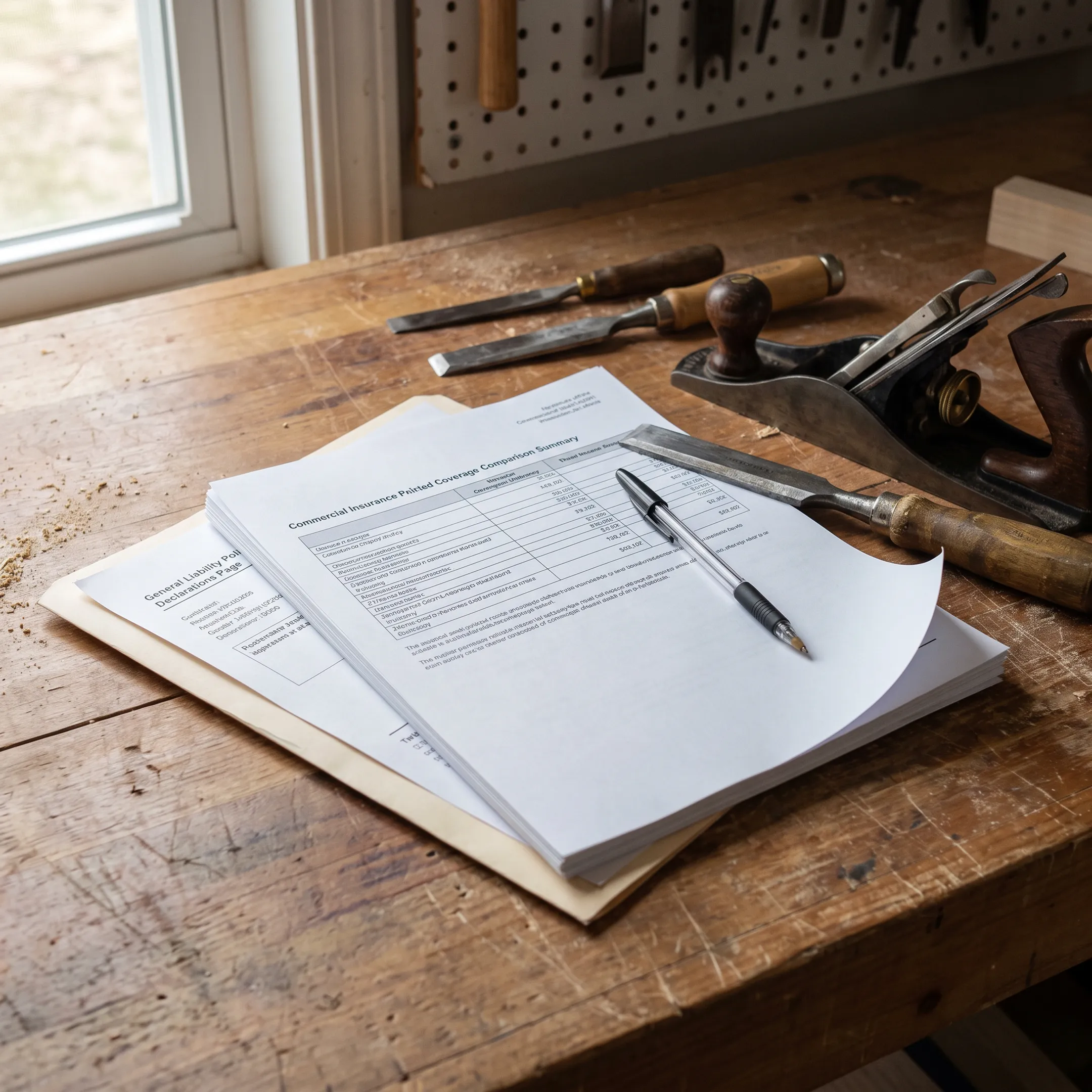 Carpentry tools and commercial insurance documents on a wooden workbench