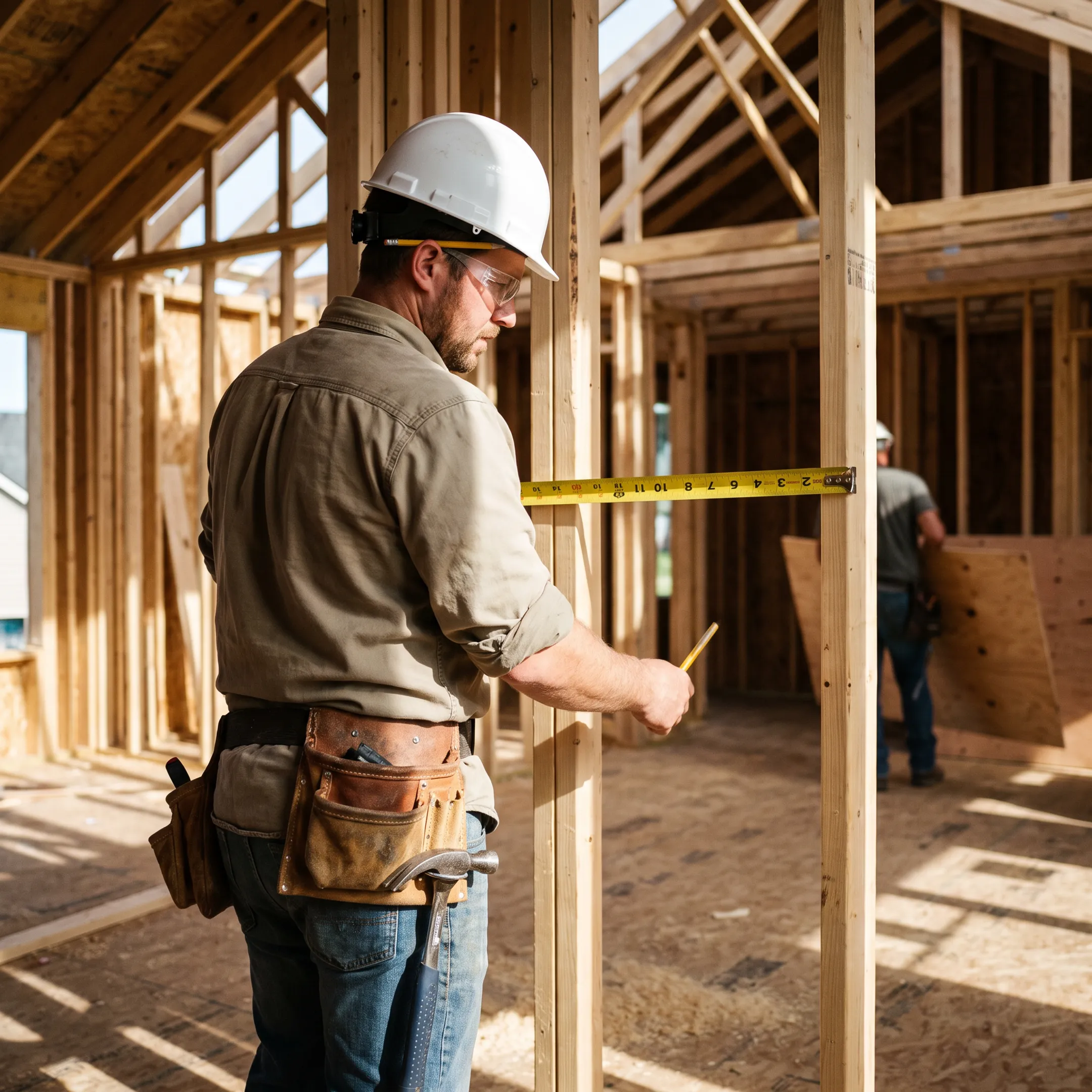 Carpenter measuring wood framing at a construction job site