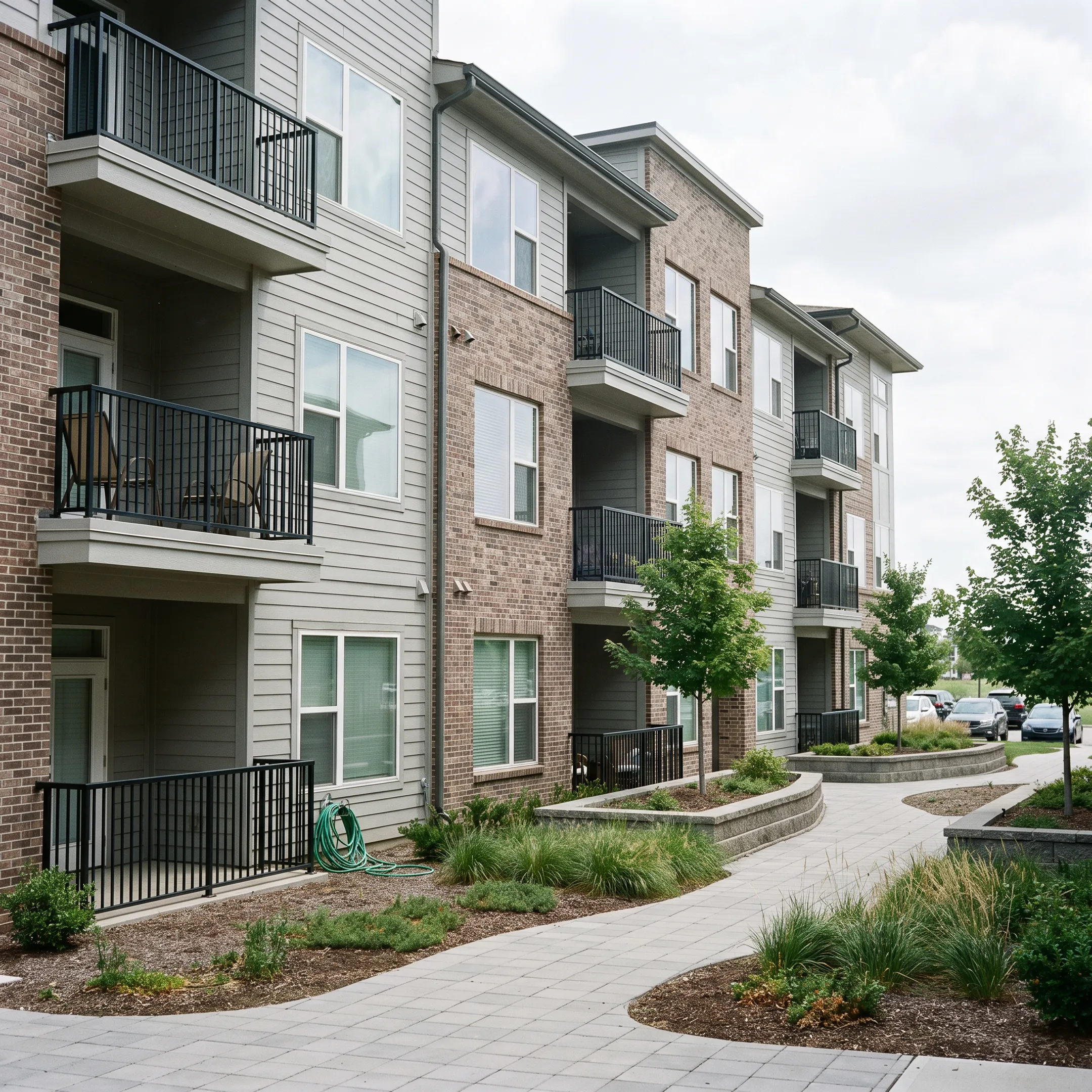 Modern multi-unit apartment complex courtyard and residential buildings