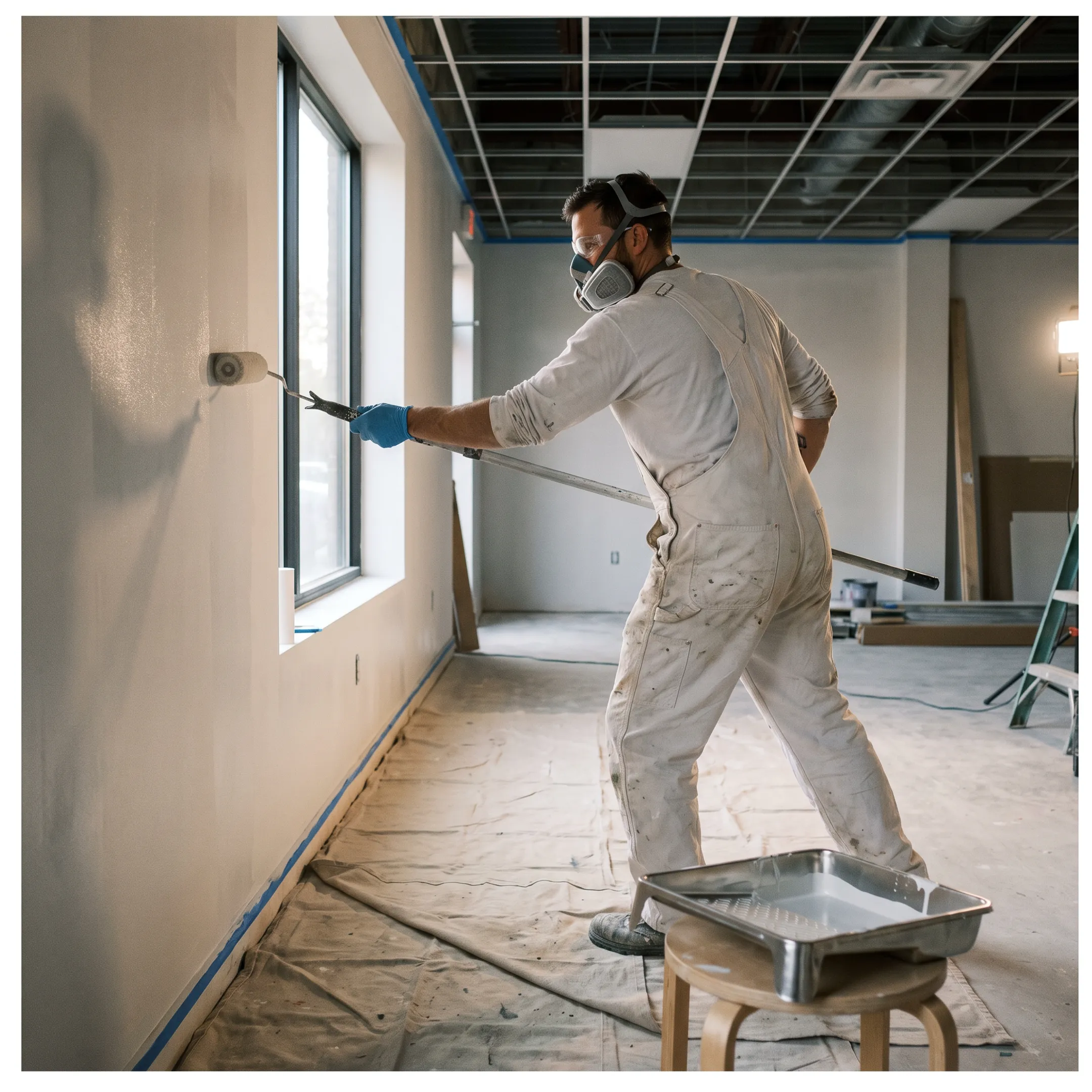 Professional painter working carefully with safety gear and ladder on a job site