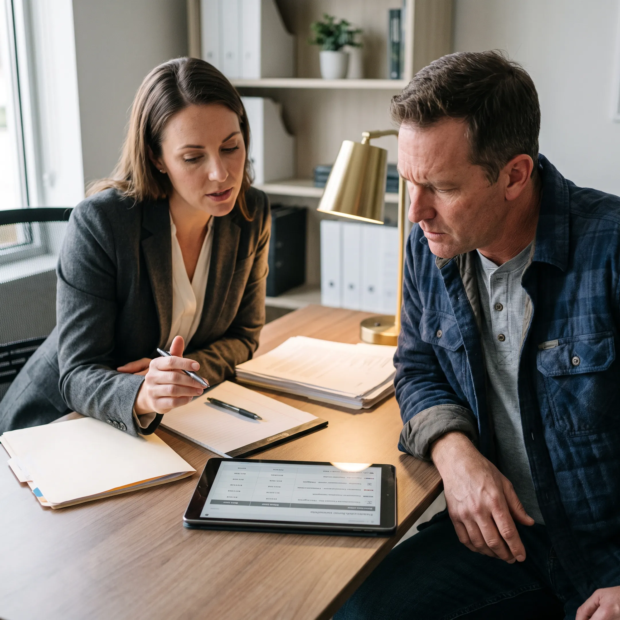 Insurance advisor reviewing commercial liability policy options with a trade contractor