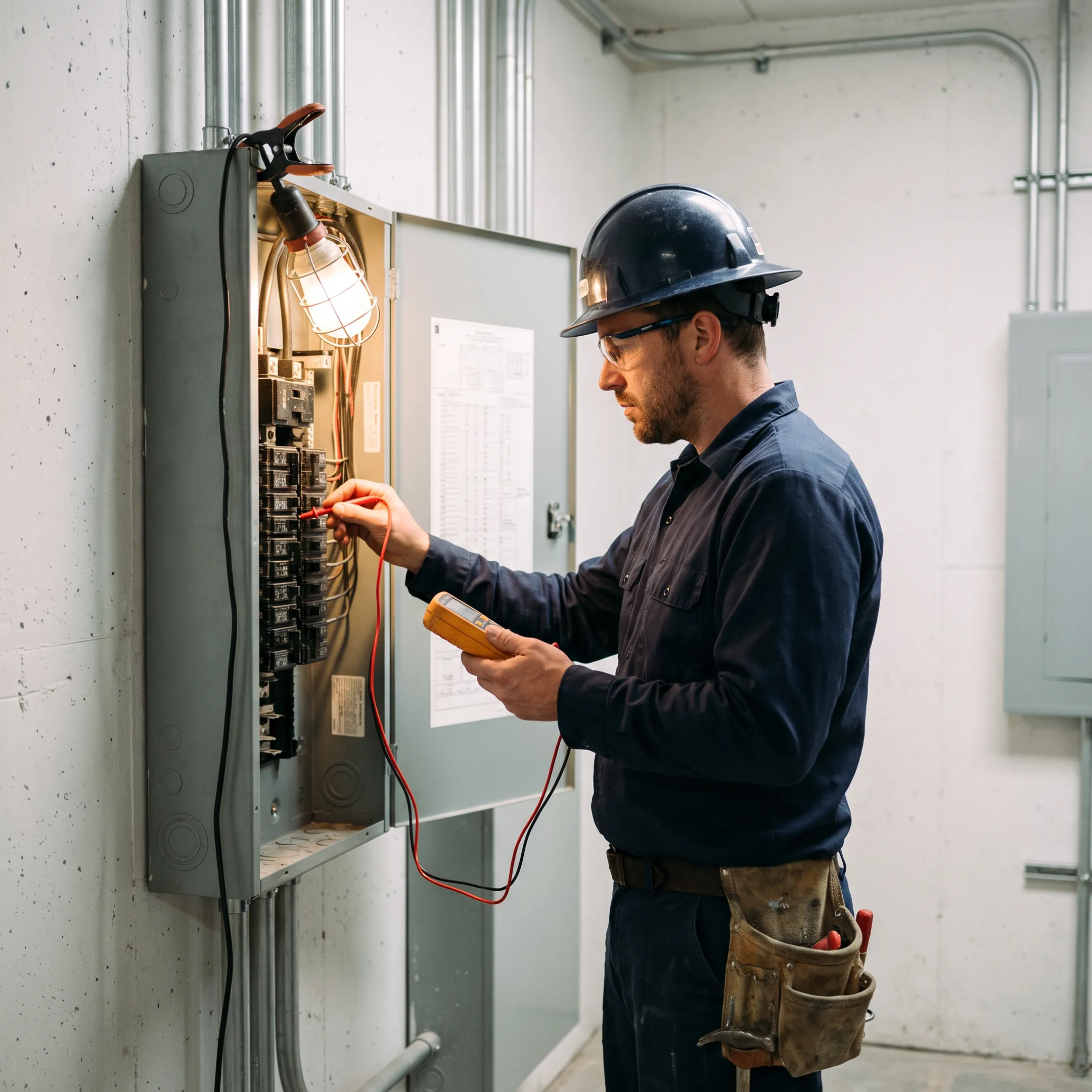 Electrician working safely on a commercial electrical breaker panel