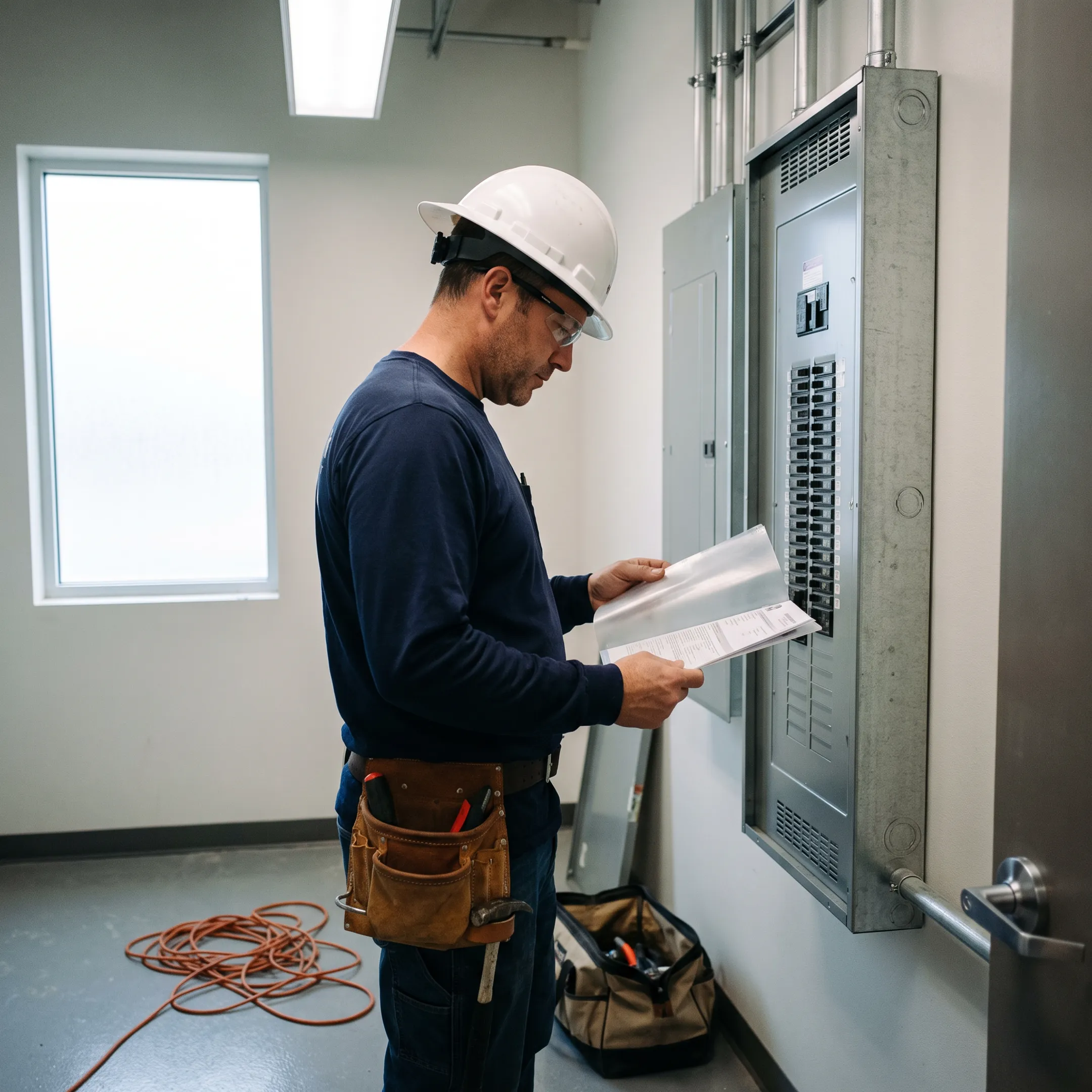 Licensed electrical contractor reviewing policy paperwork on a worksite