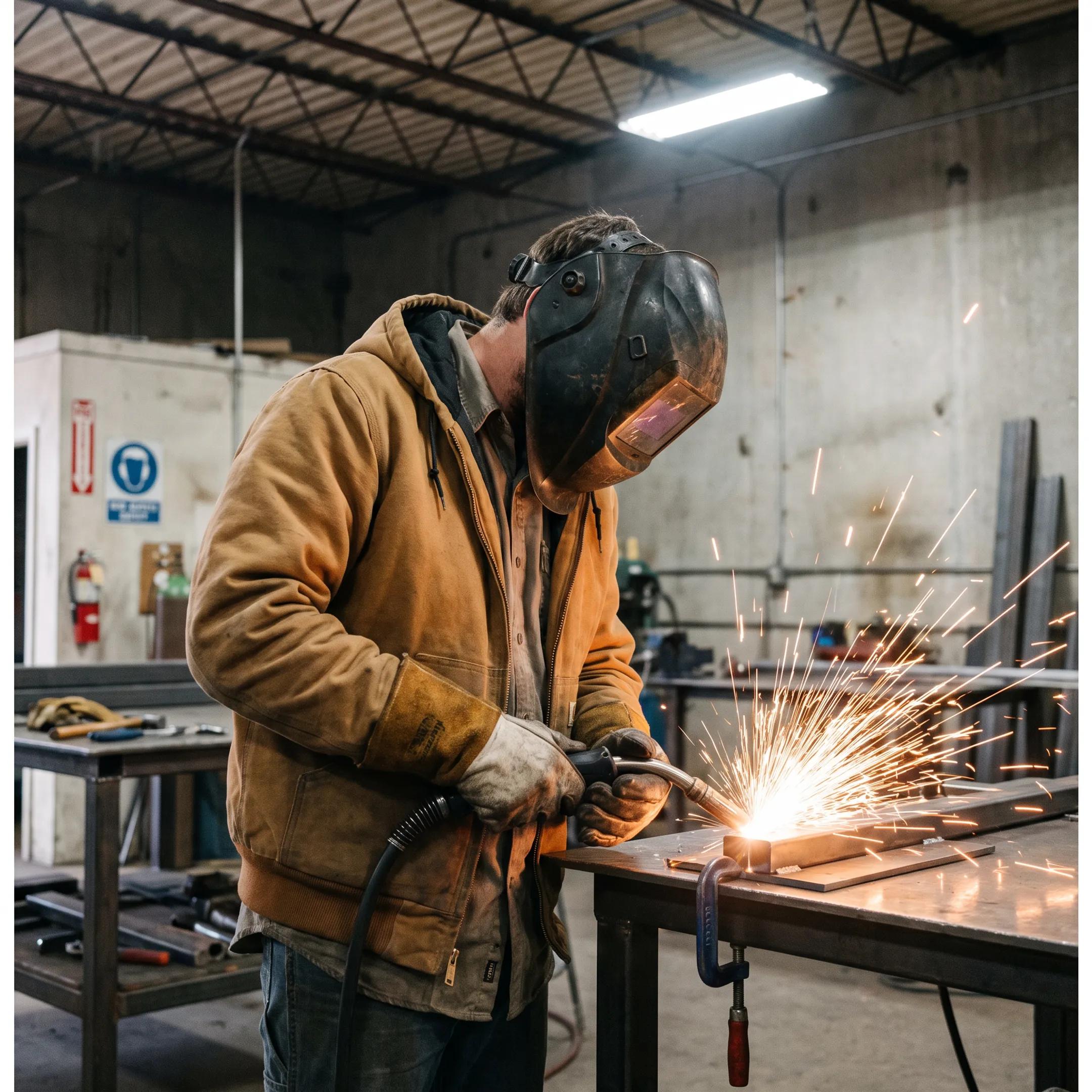 Welding contractor in protective gear working with a MIG torch in a metal fabrication shop
