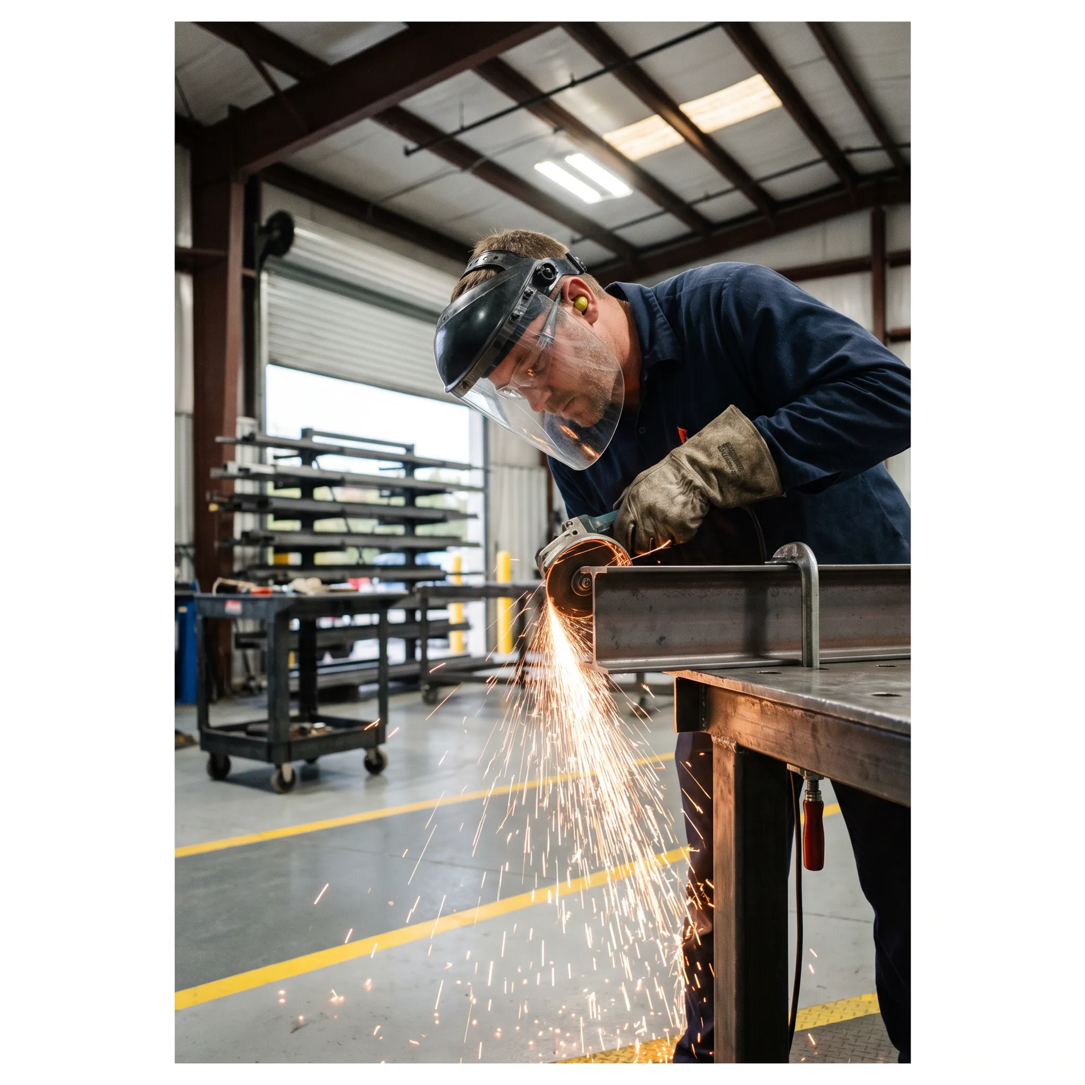Fabrication technician grinding metal parts in an industrial welding shop