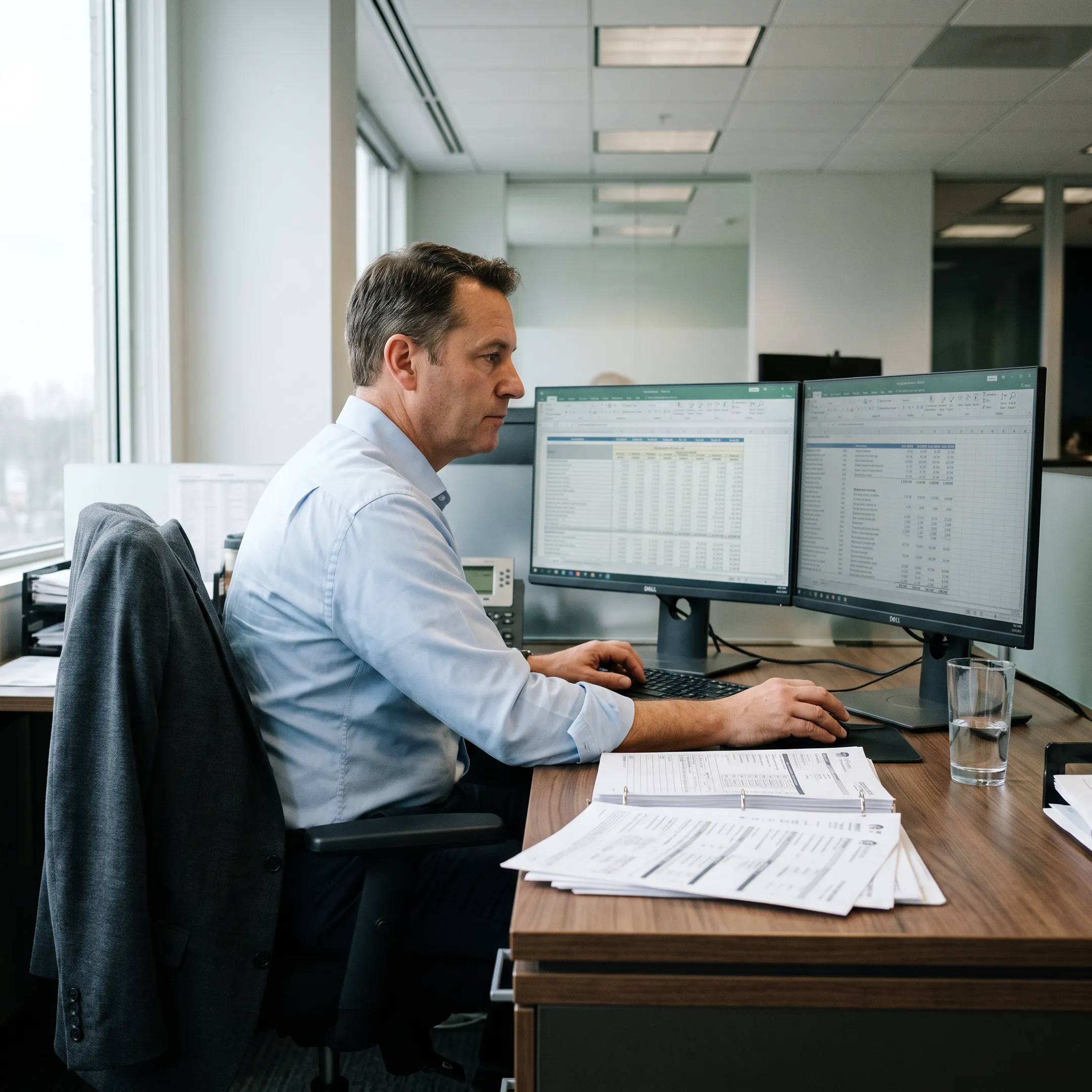 Independent insurance advisor analyzing comparative rate sheets for business clients