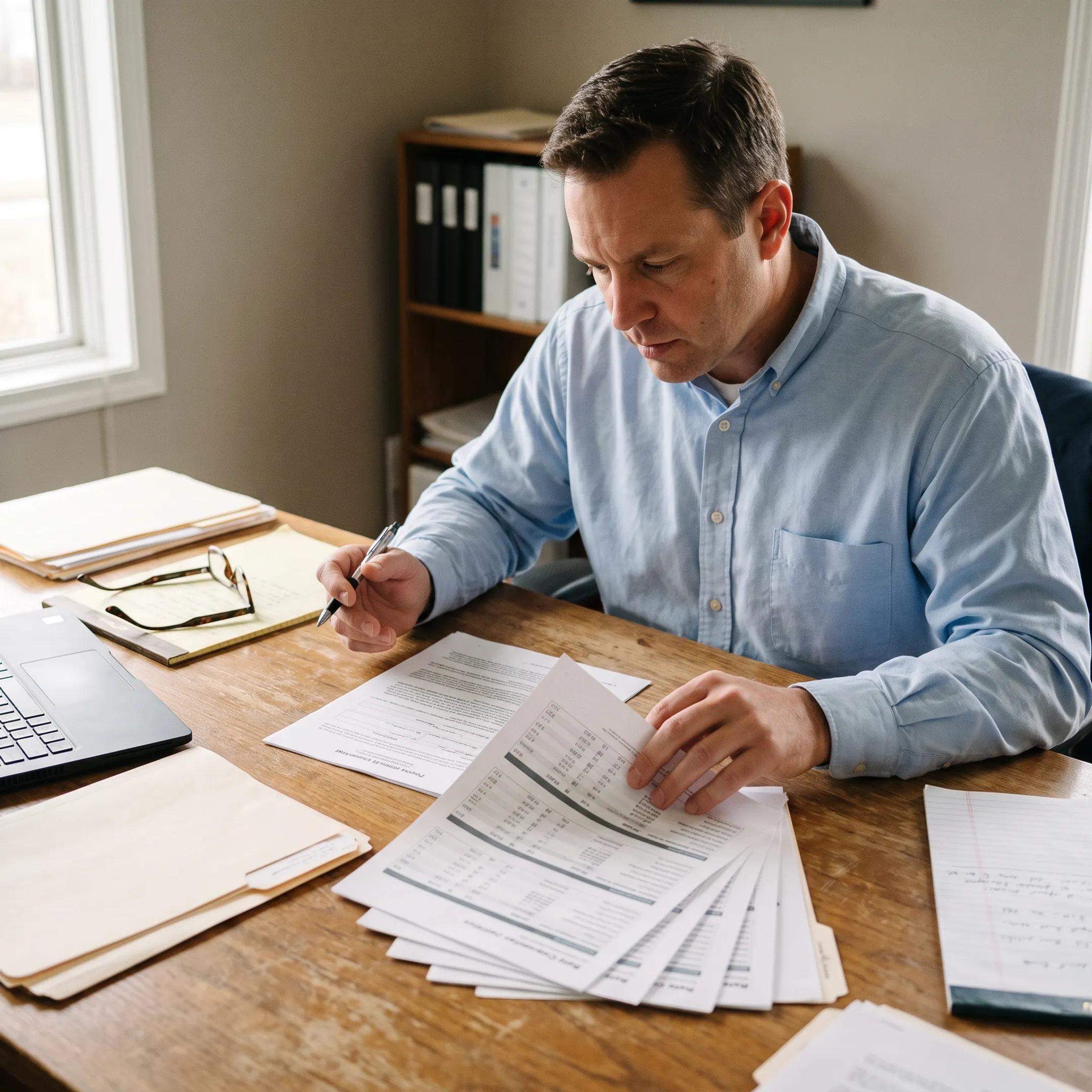 Business owner reviewing workers compensation insurance policy paperwork with an agent